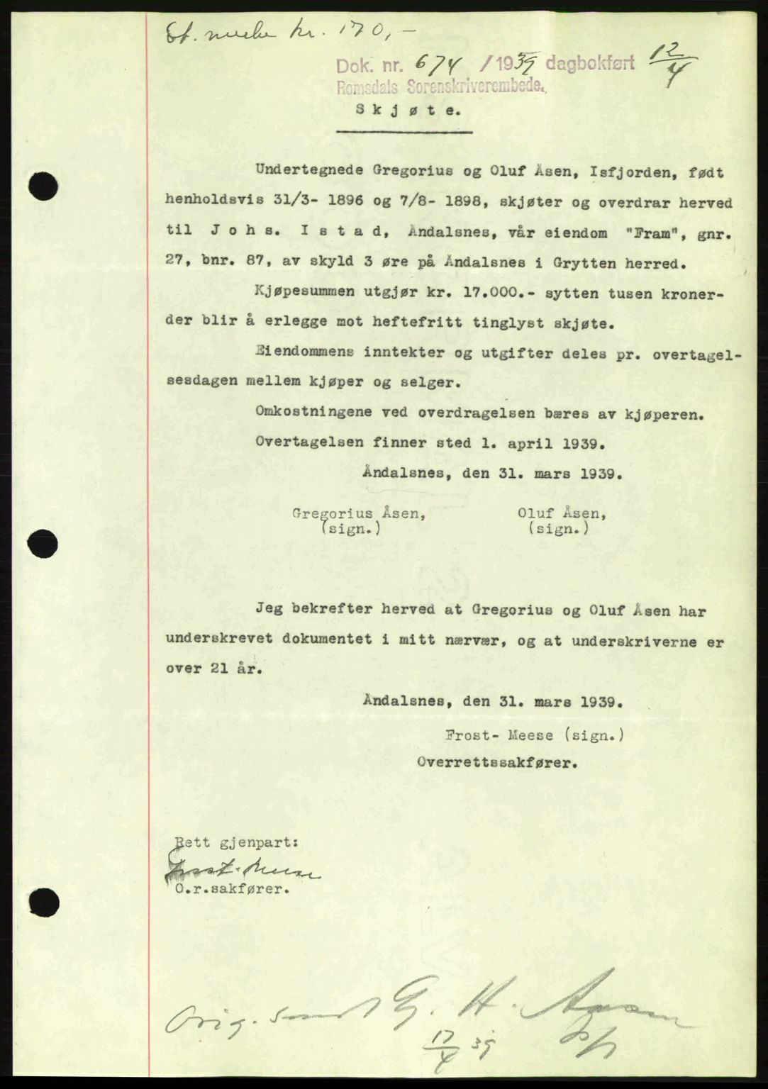 Romsdal sorenskriveri, AV/SAT-A-4149/1/2/2C: Mortgage book no. A6, 1938-1939, Diary no: : 674/1939