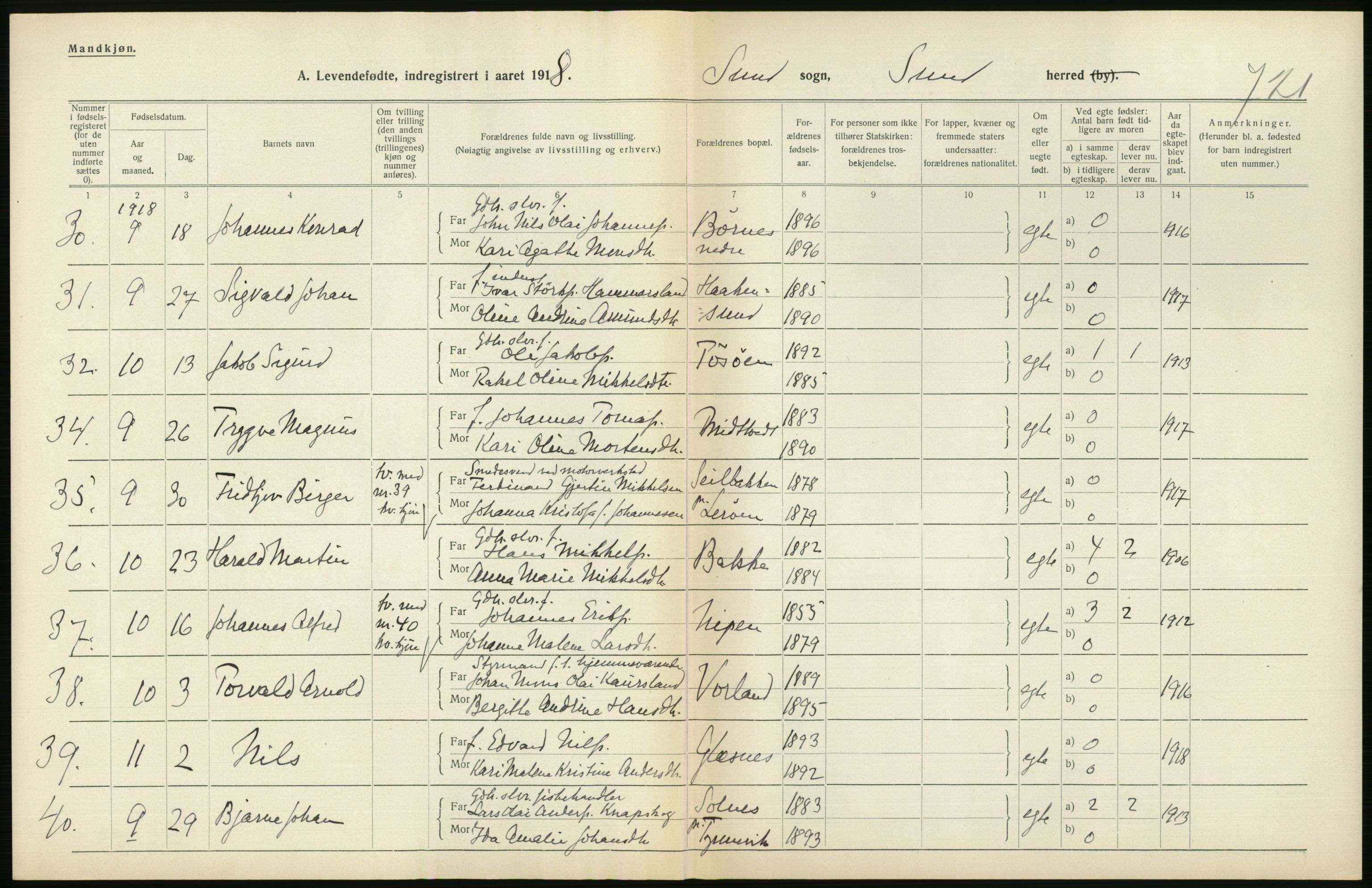 Statistisk sentralbyrå, Sosiodemografiske emner, Befolkning, RA/S-2228/D/Df/Dfb/Dfbh/L0034: Hordaland fylke: Levendefødte menn og kvinner. Bygder., 1918, p. 276