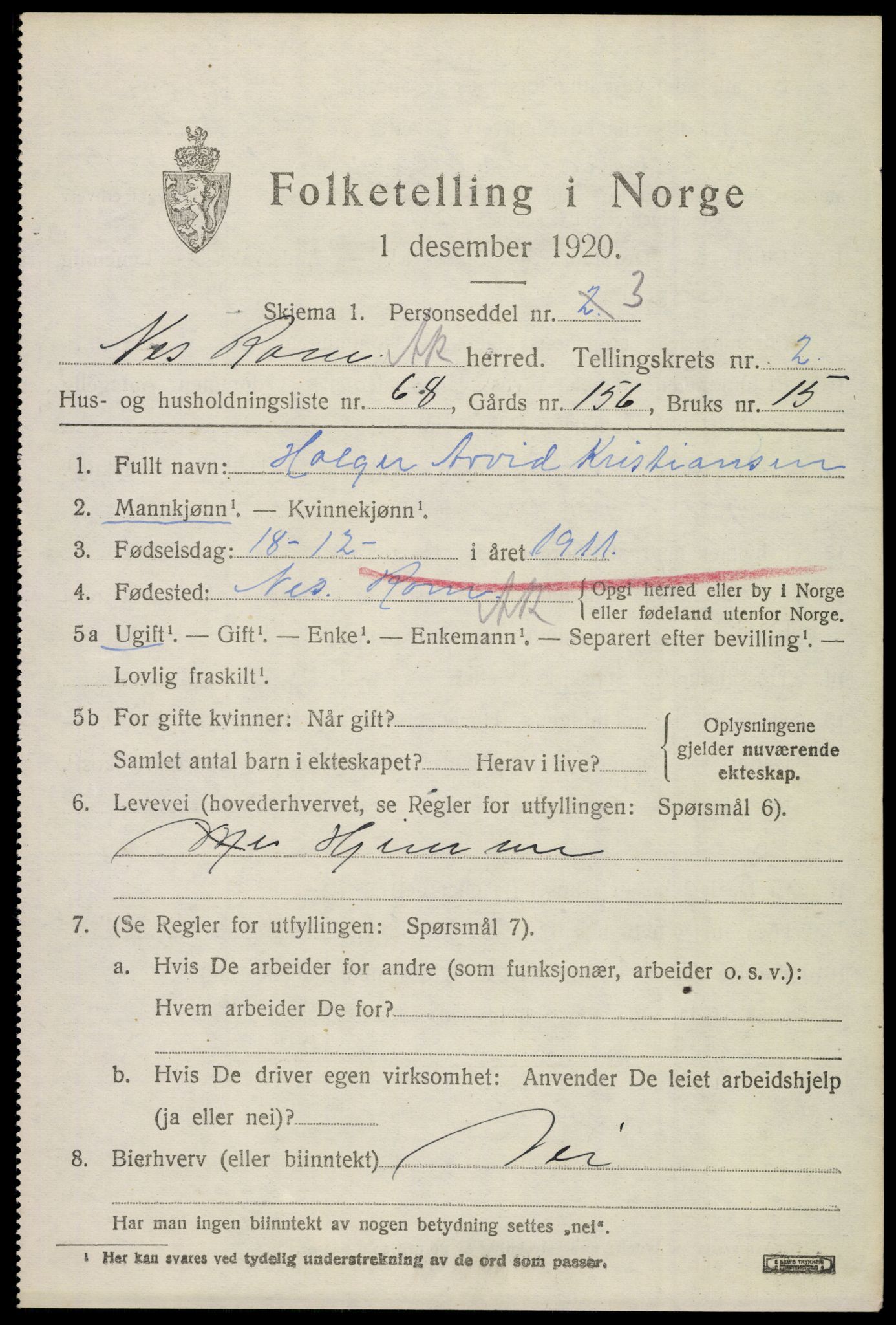 SAO, 1920 census for Nes, 1920, p. 5782