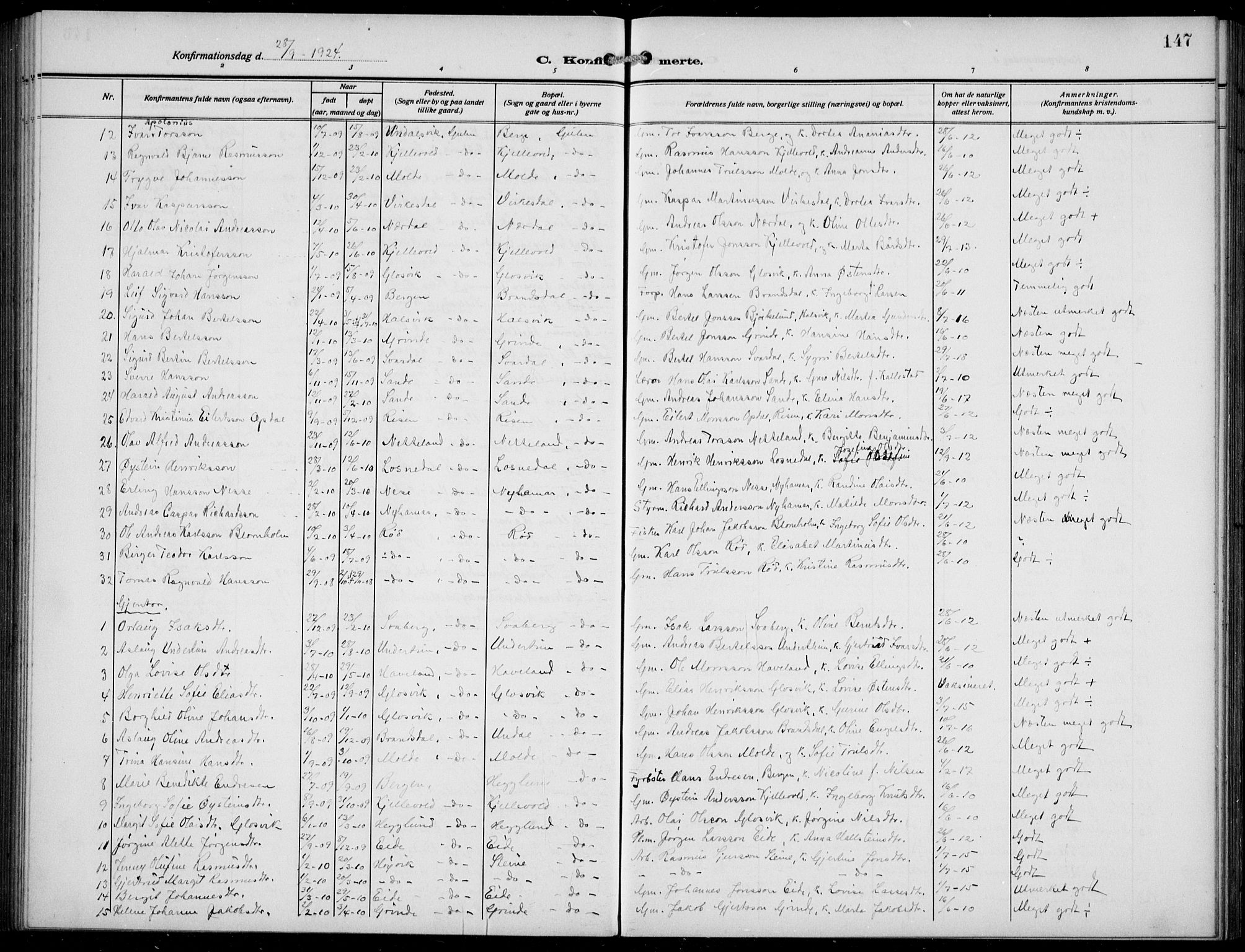 Gulen sokneprestembete, SAB/A-80201/H/Hab/Habb/L0004: Parish register (copy) no. B 4, 1908-1936, p. 147