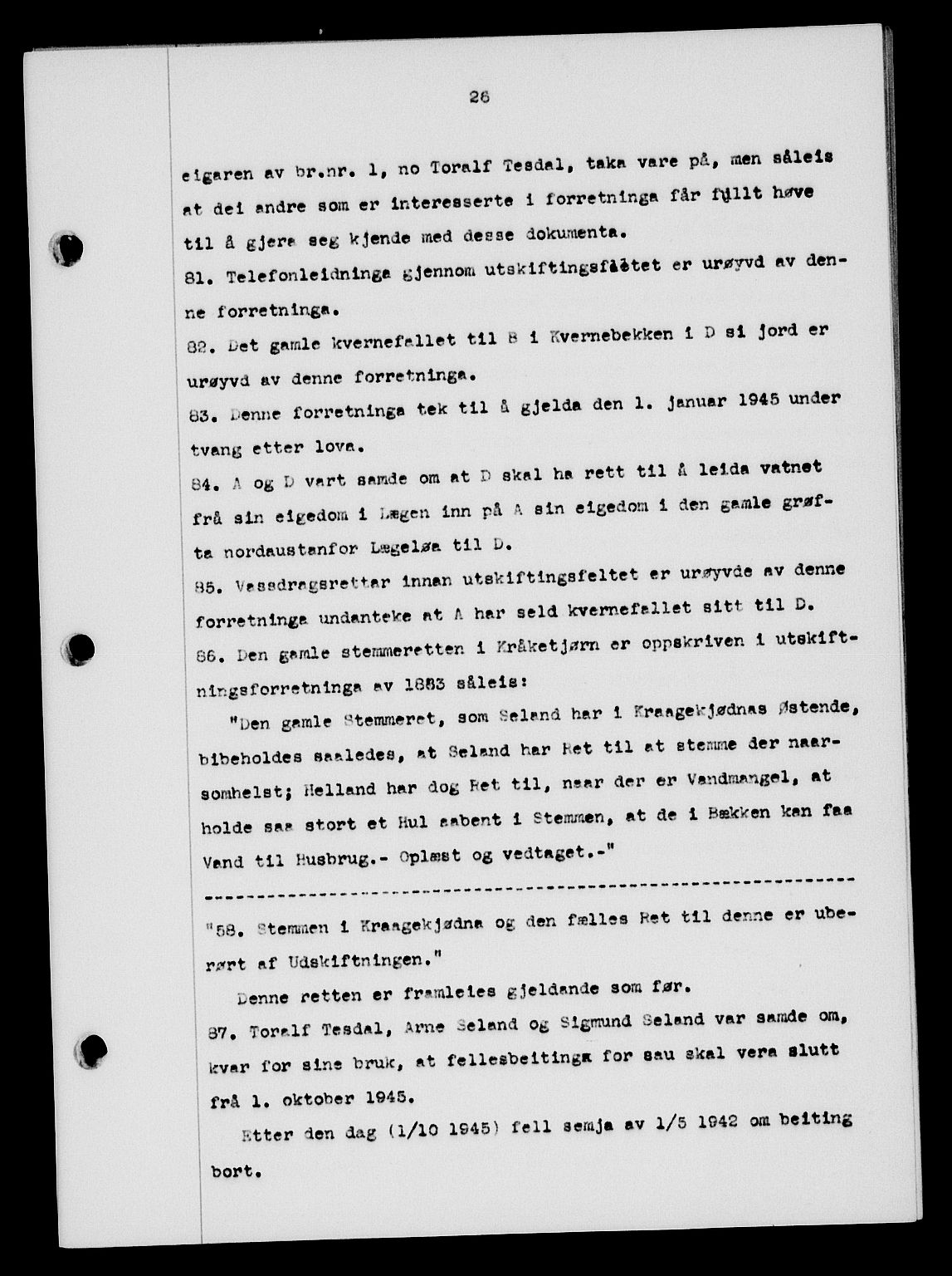 Flekkefjord sorenskriveri, SAK/1221-0001/G/Gb/Gba/L0059: Mortgage book no. A-7, 1944-1945, Diary no: : 26/1945