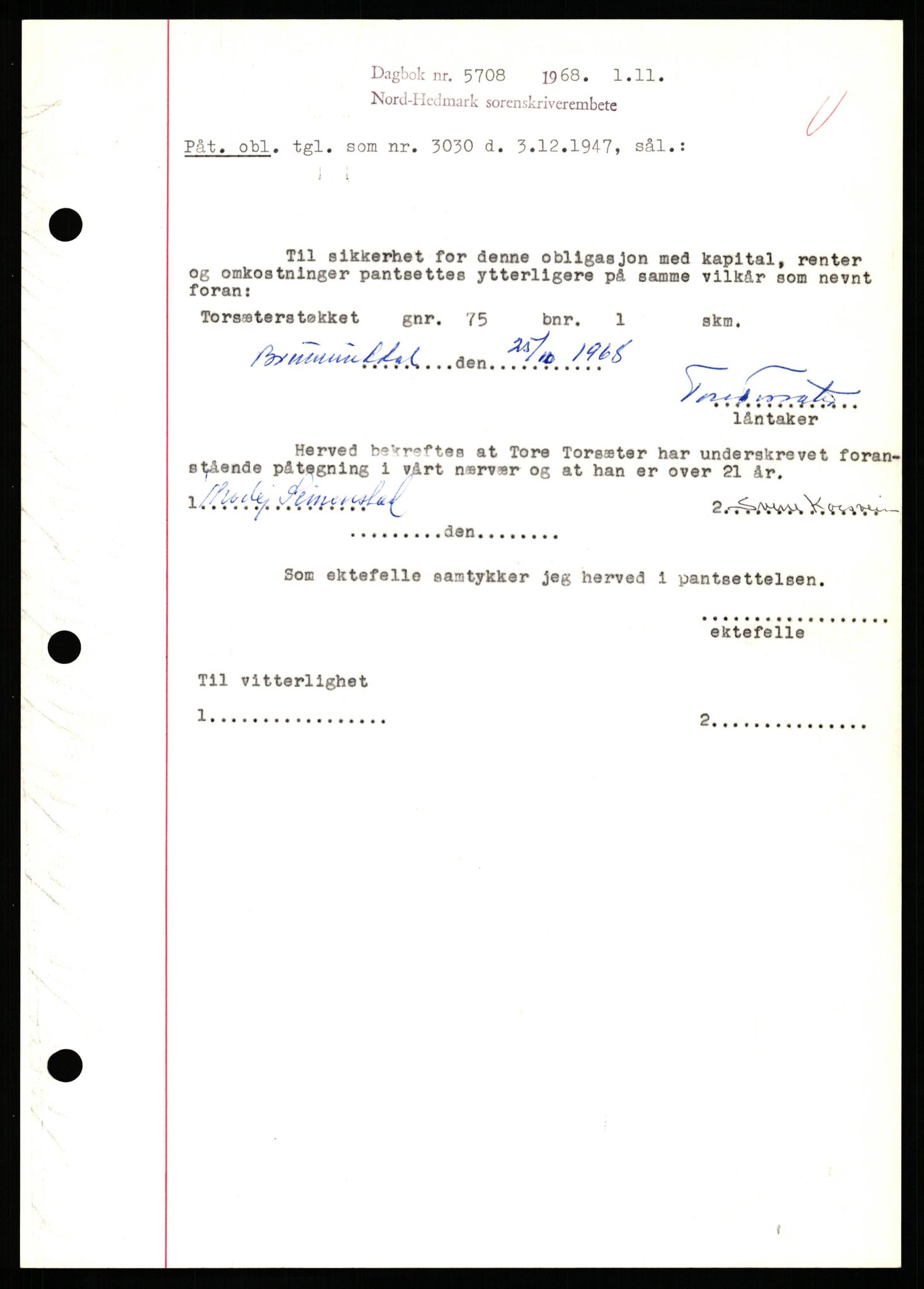 Nord-Hedmark sorenskriveri, SAH/TING-012/H/Hb/Hbf/L0077: Mortgage book no. B77, 1968-1969, Diary no: : 5708/1968