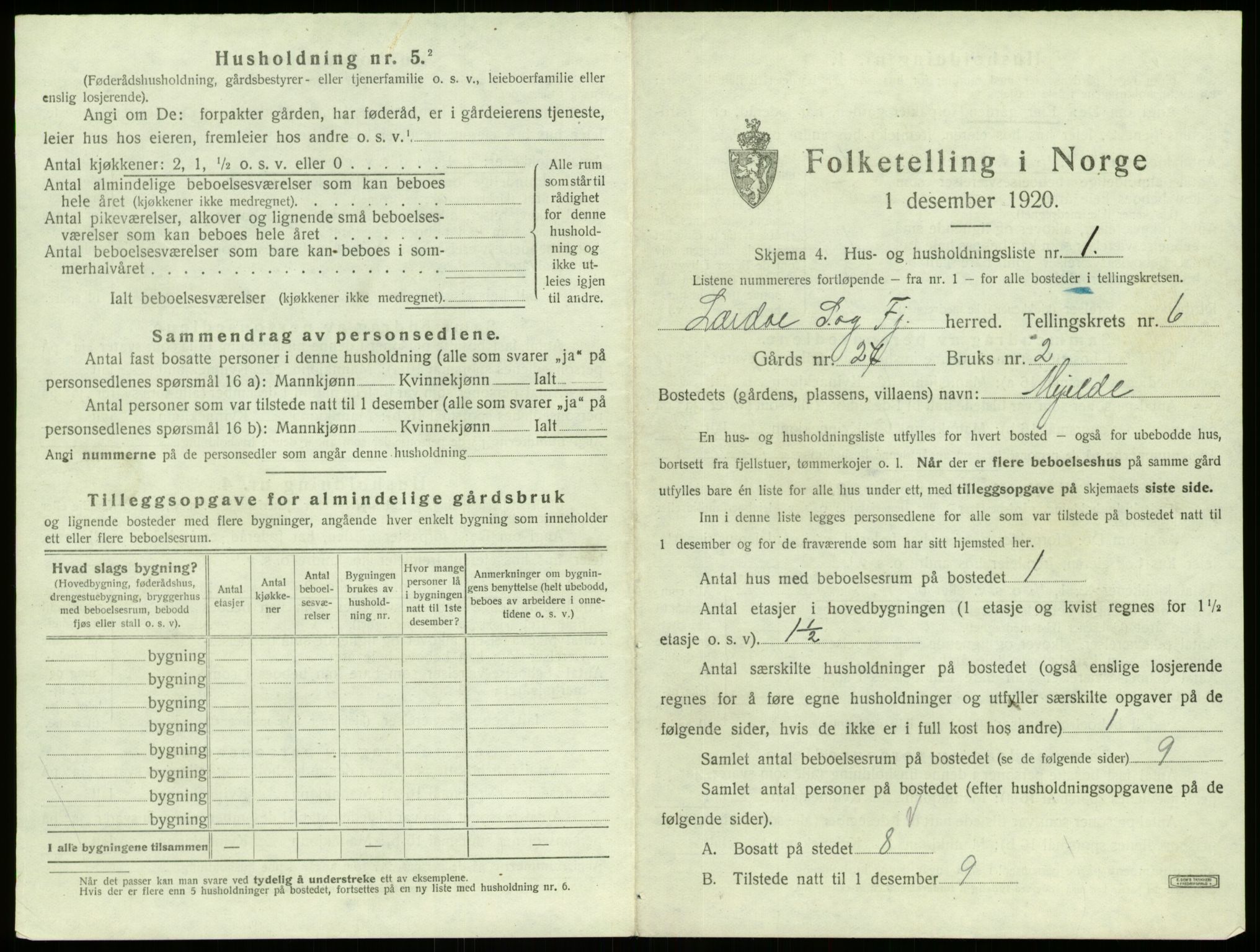 SAB, 1920 census for Lærdal, 1920, p. 422