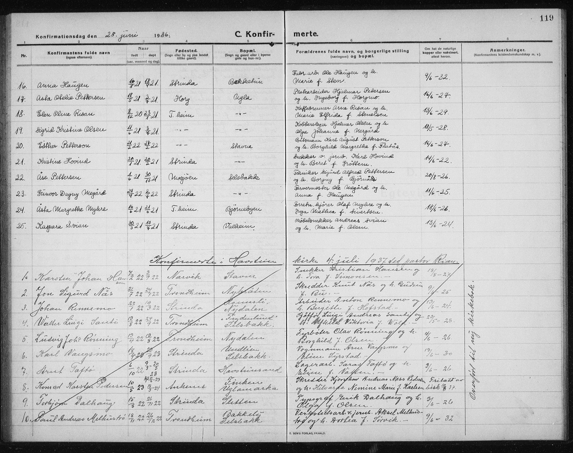 Ministerialprotokoller, klokkerbøker og fødselsregistre - Sør-Trøndelag, SAT/A-1456/611/L0356: Parish register (copy) no. 611C04, 1914-1938, p. 119