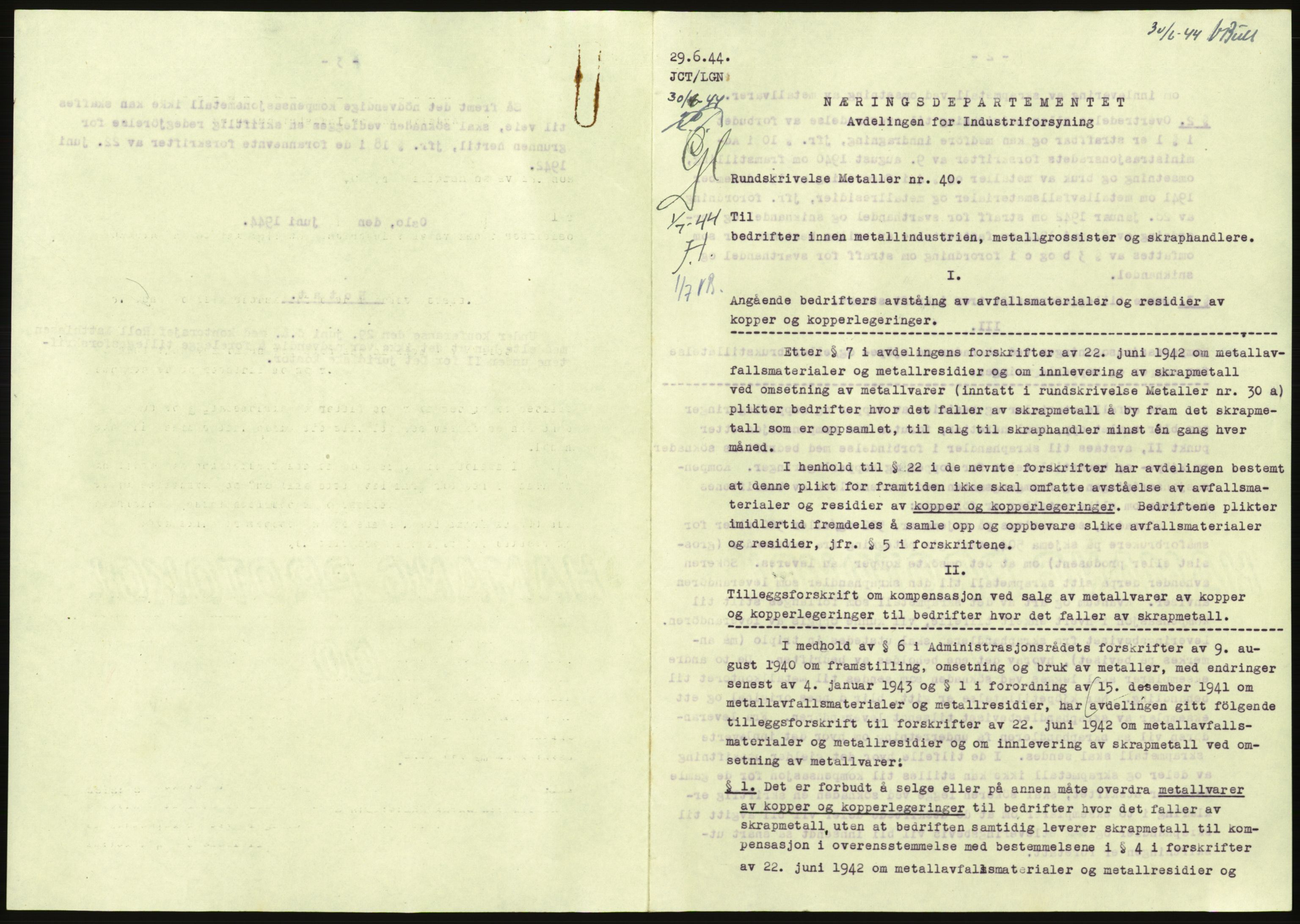 Direktoratet for industriforsyning, Sekretariatet, AV/RA-S-4153/D/Df/L0054: 9. Metallkontoret, 1940-1945, p. 1773