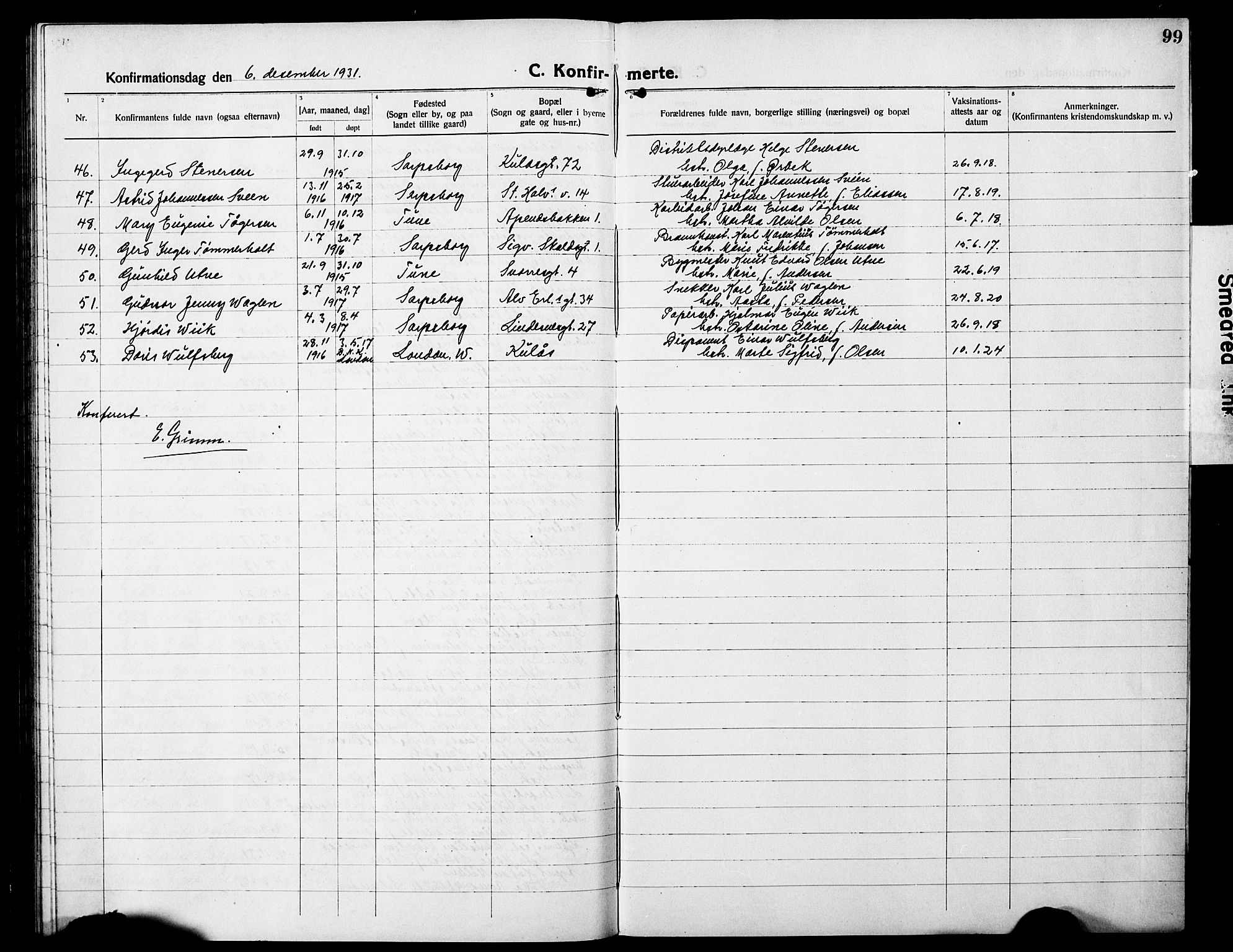 Sarpsborg prestekontor Kirkebøker, AV/SAO-A-2006/G/Ga/L0003: Parish register (copy) no. 3, 1922-1931, p. 99