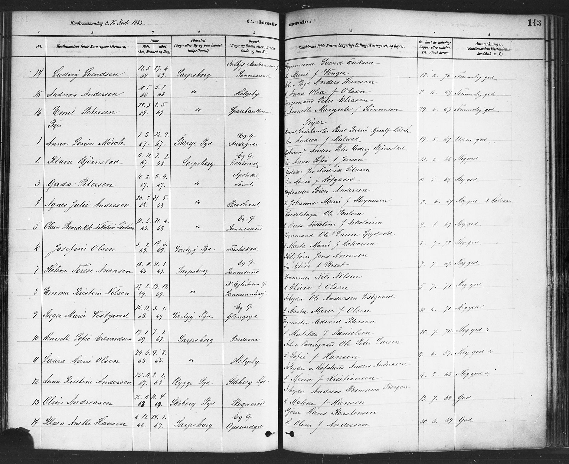 Sarpsborg prestekontor Kirkebøker, SAO/A-2006/F/Fa/L0003: Parish register (official) no. 3, 1878-1891, p. 143