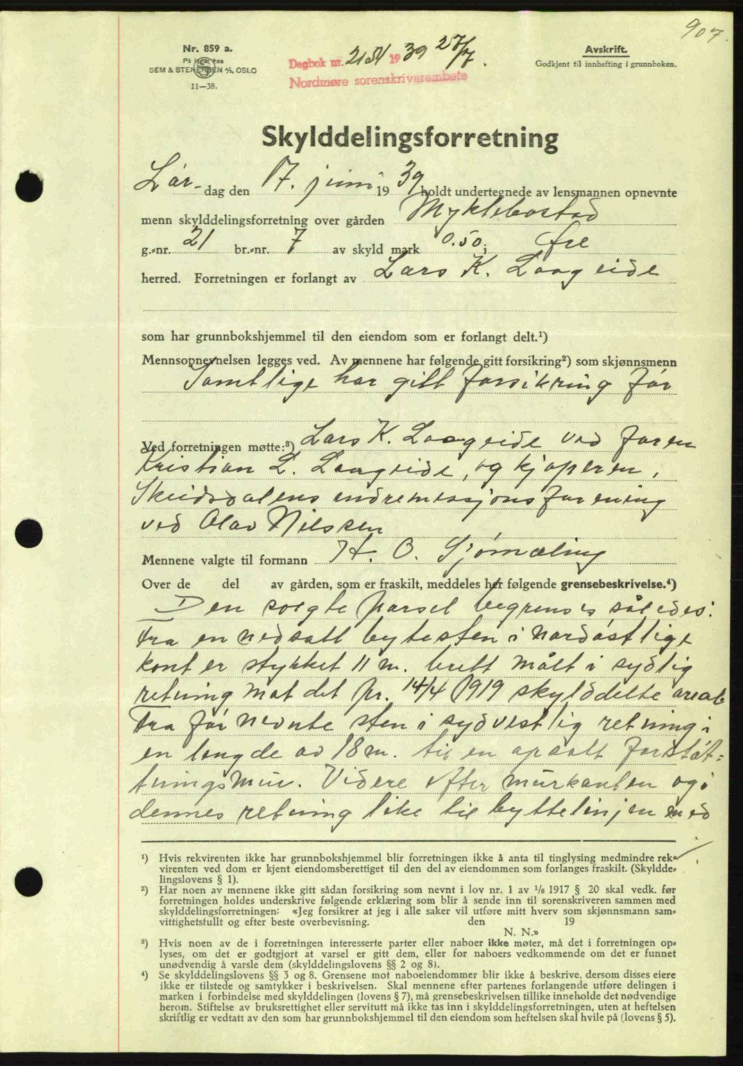 Nordmøre sorenskriveri, AV/SAT-A-4132/1/2/2Ca: Mortgage book no. A86, 1939-1939, Diary no: : 2154/1939