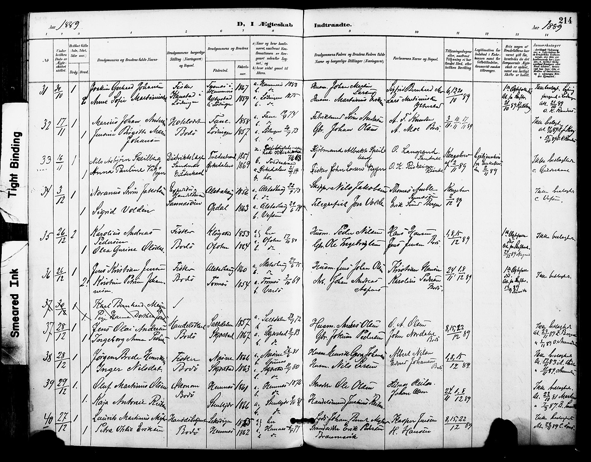 Ministerialprotokoller, klokkerbøker og fødselsregistre - Nordland, SAT/A-1459/801/L0010: Parish register (official) no. 801A10, 1888-1899, p. 214