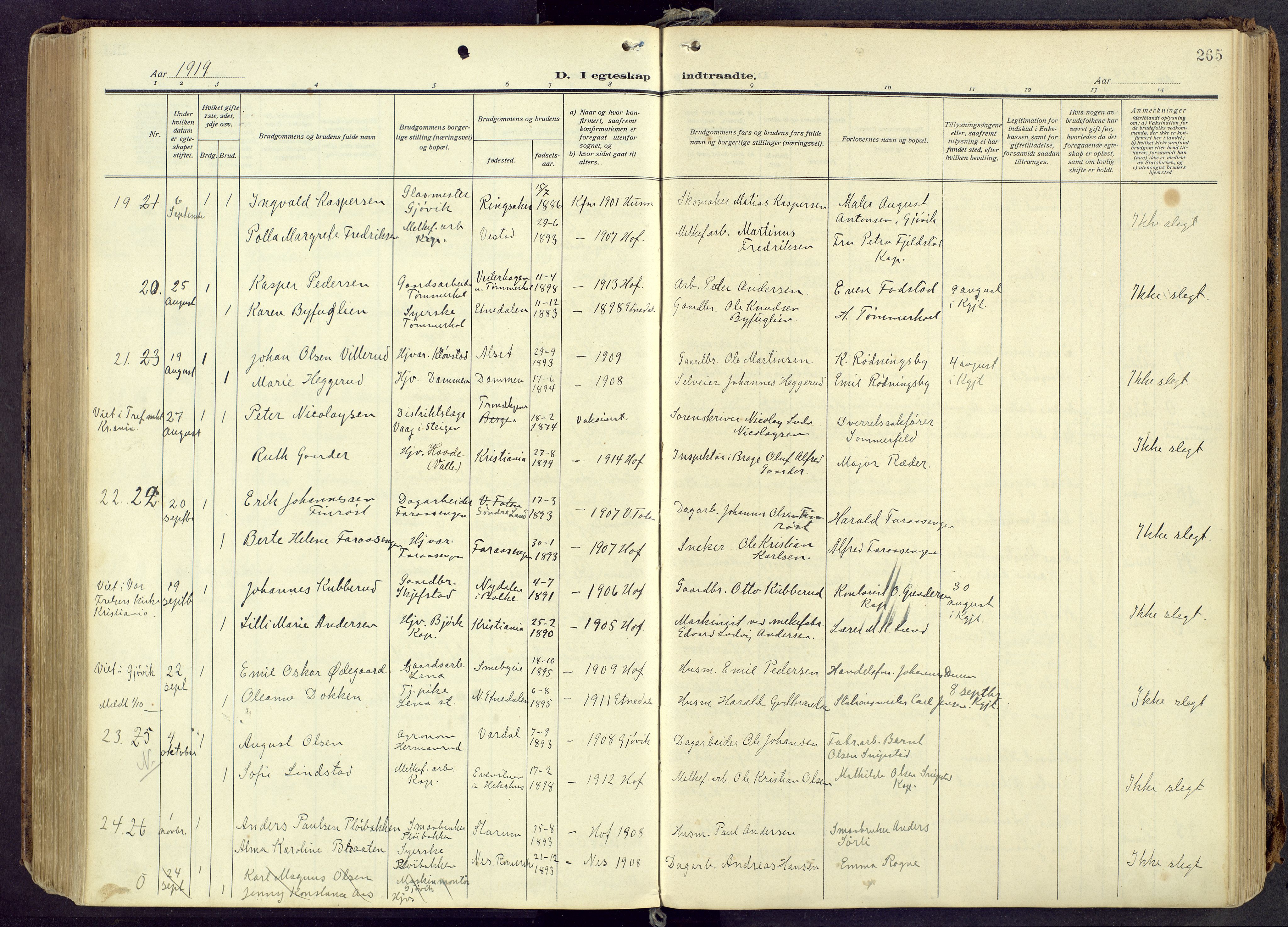 Østre Toten prestekontor, AV/SAH-PREST-104/H/Ha/Haa/L0010: Parish register (official) no. 10, 1910-1920, p. 265