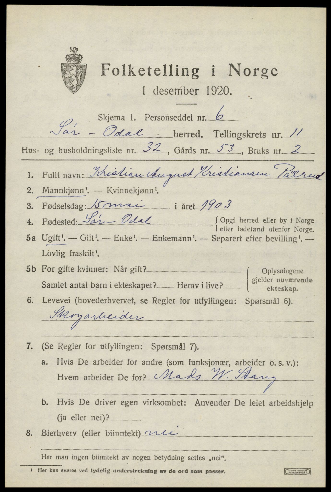 SAH, 1920 census for Sør-Odal, 1920, p. 12189