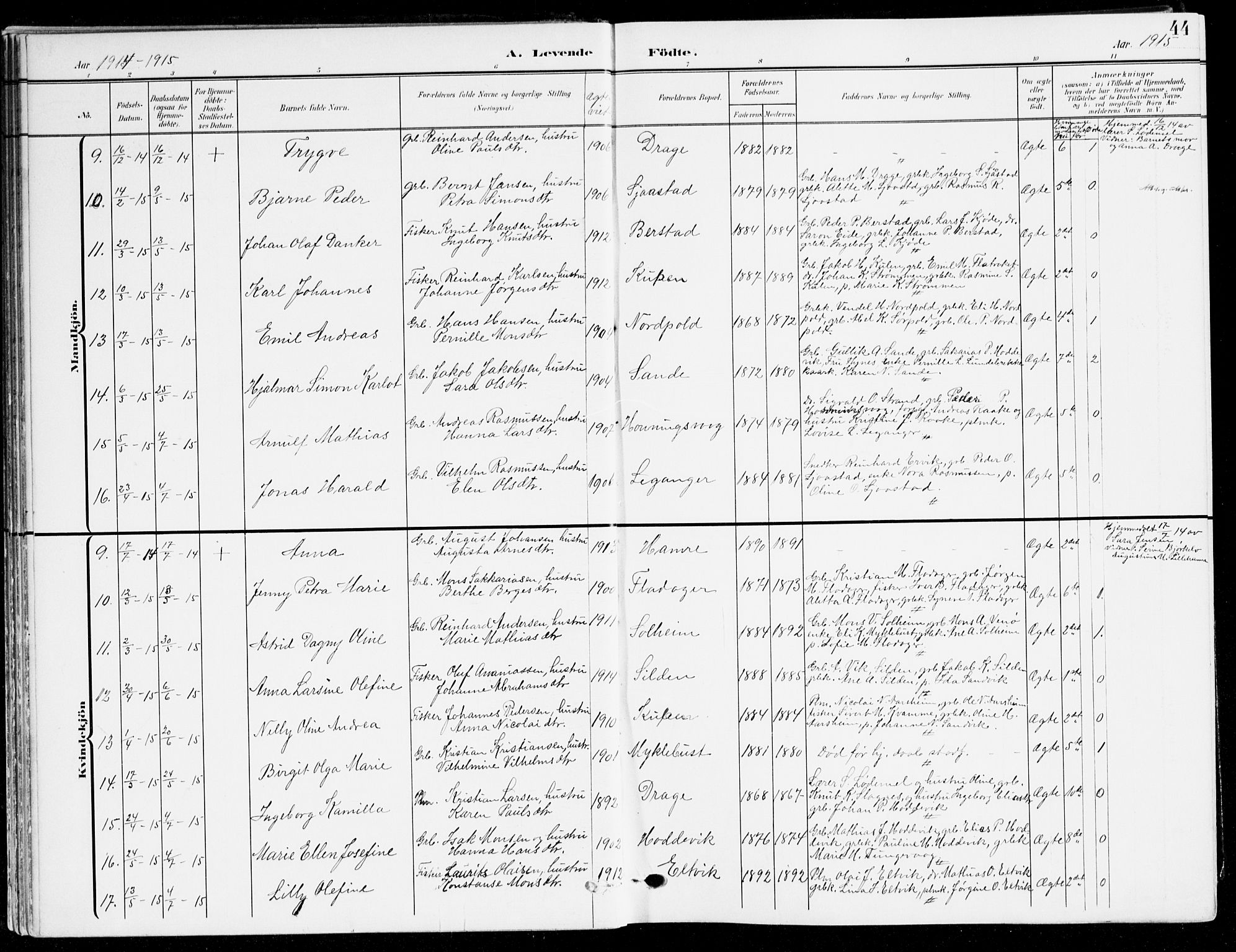 Selje sokneprestembete, AV/SAB-A-99938/H/Ha/Haa/Haab: Parish register (official) no. B 3, 1908-1923, p. 44