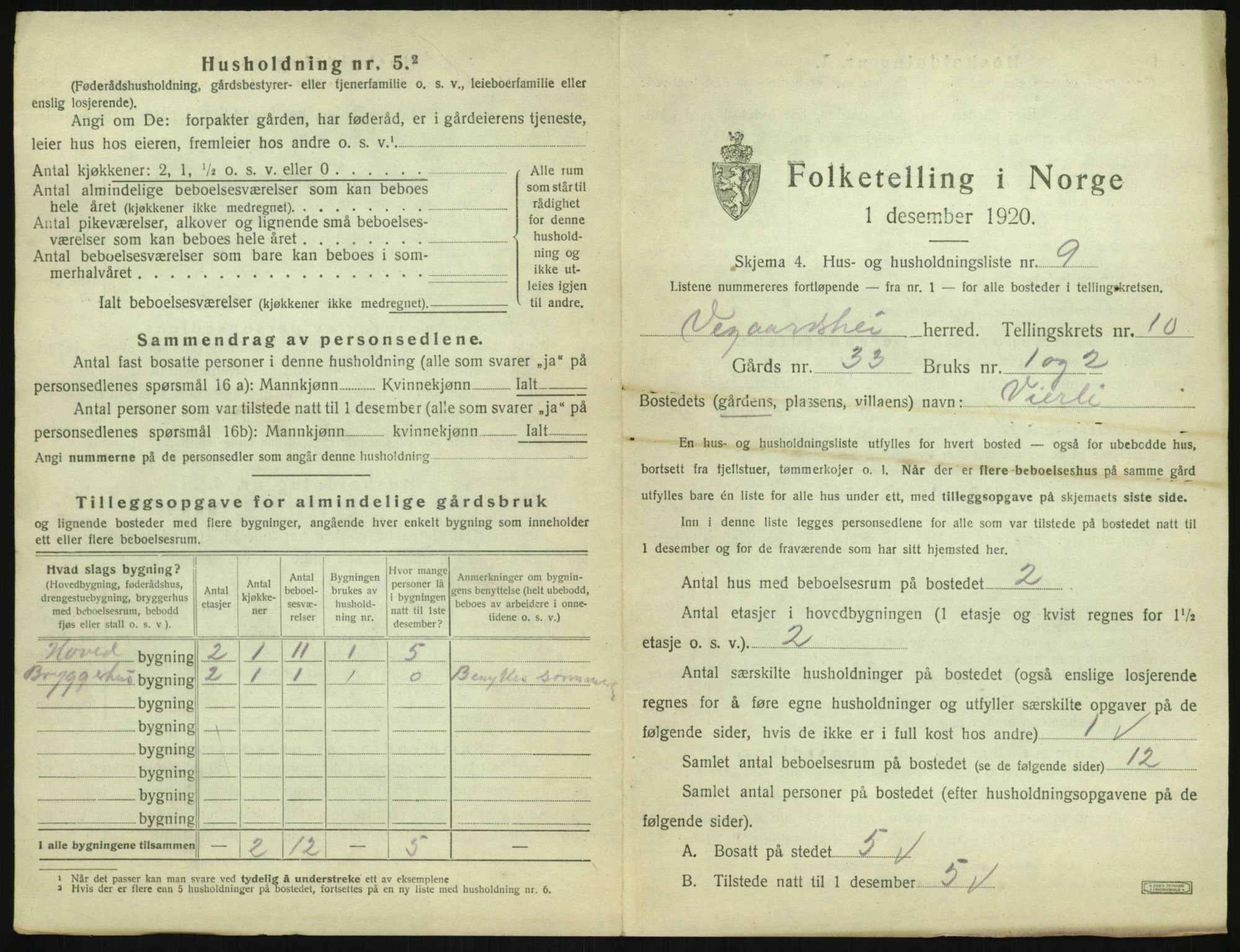 SAK, 1920 census for Vegårshei, 1920, p. 526