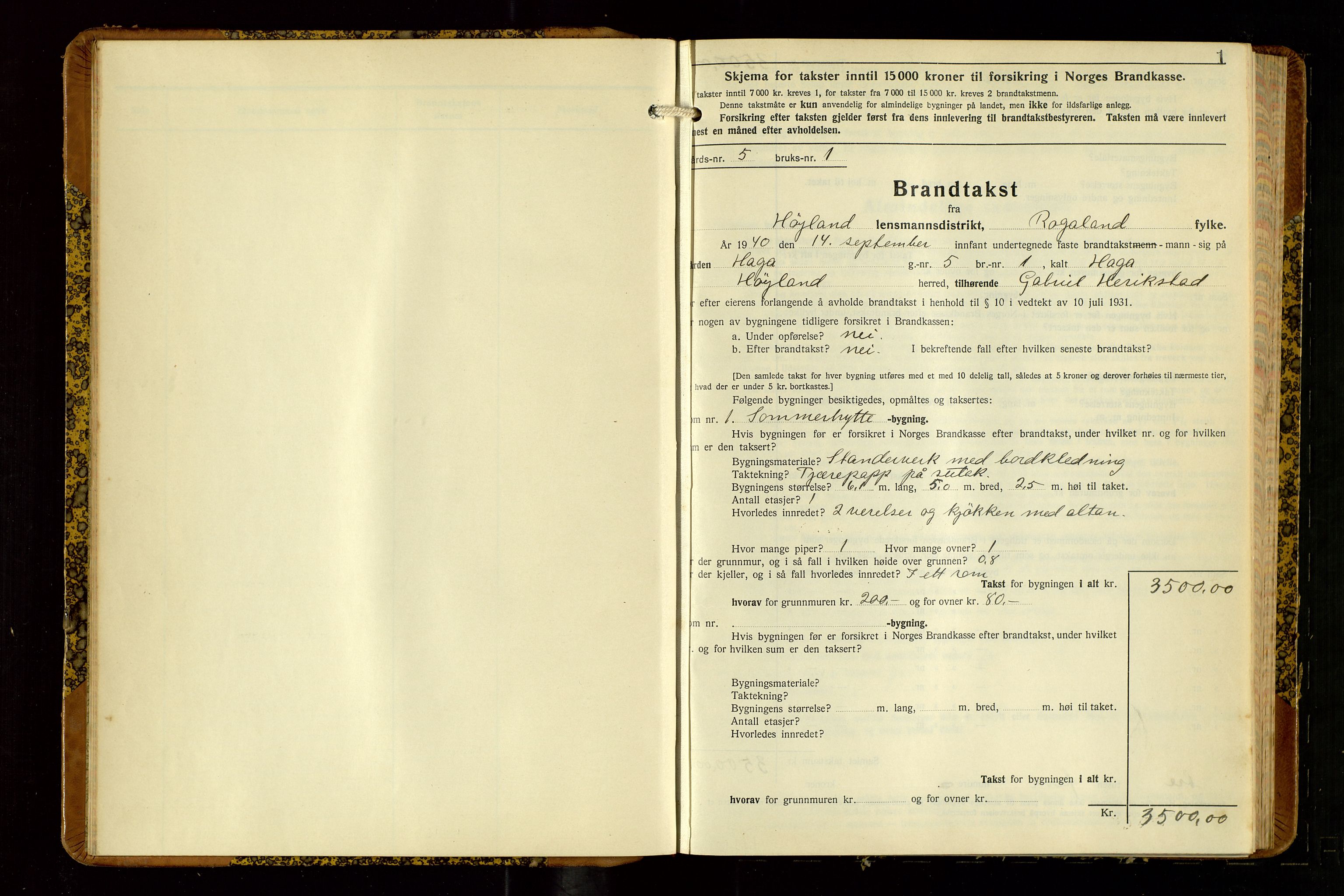 Høyland/Sandnes lensmannskontor, AV/SAST-A-100166/Gob/L0008: "Branntakstprotokoll", 1940-1952, p. 1