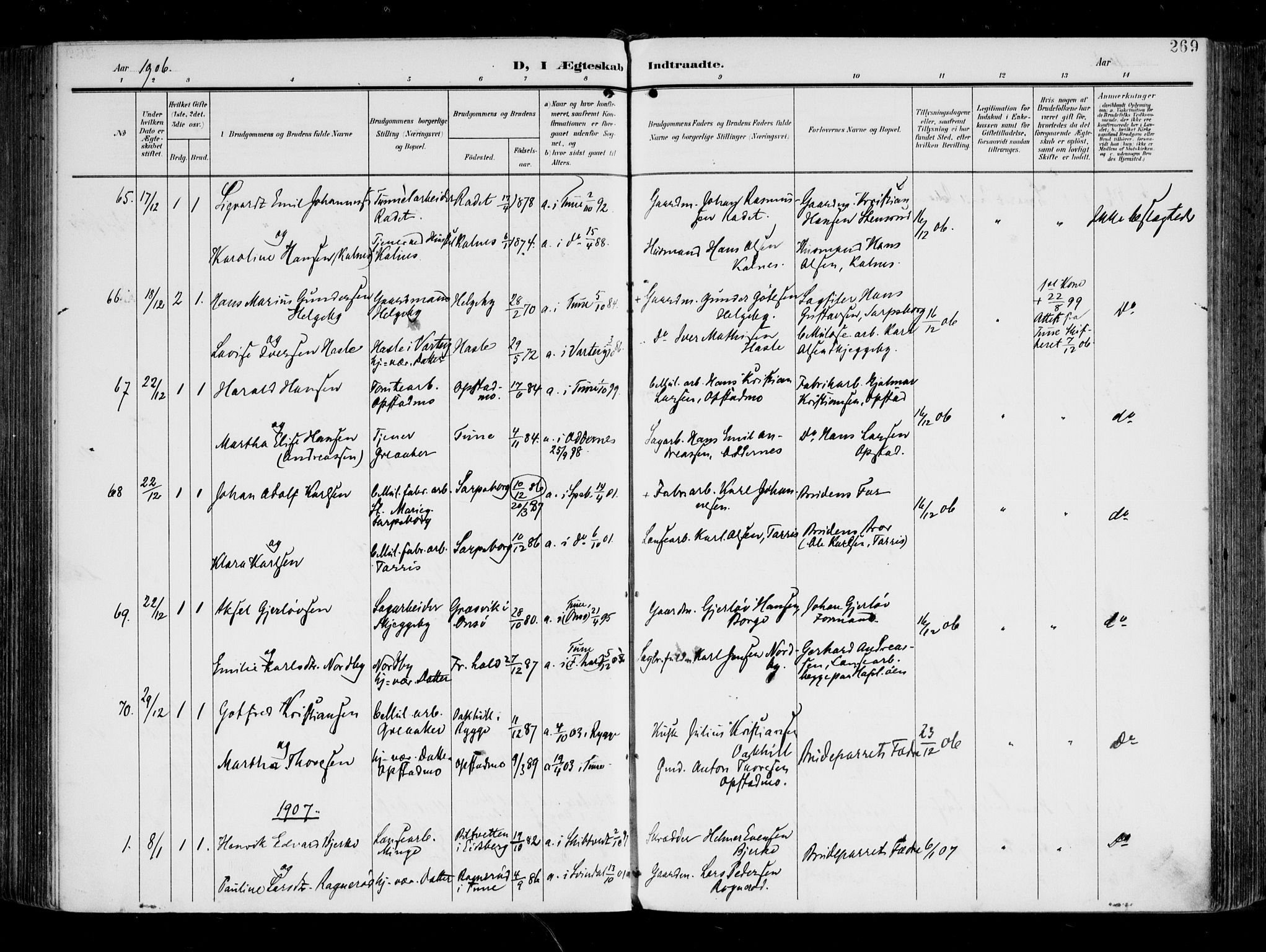 Tune prestekontor Kirkebøker, AV/SAO-A-2007/F/Fa/L0020: Parish register (official) no. 20, 1904-1909, p. 269