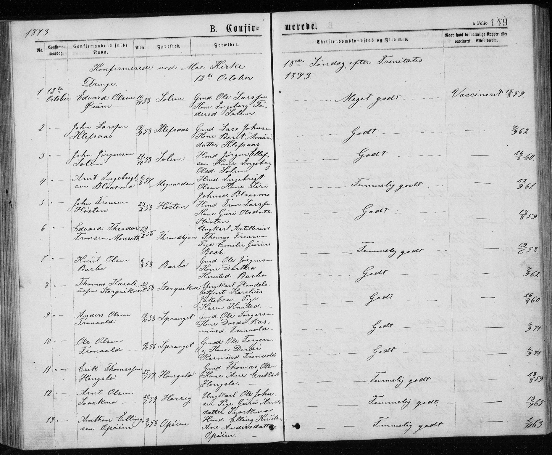 Ministerialprotokoller, klokkerbøker og fødselsregistre - Sør-Trøndelag, SAT/A-1456/671/L0843: Parish register (copy) no. 671C02, 1873-1892, p. 149