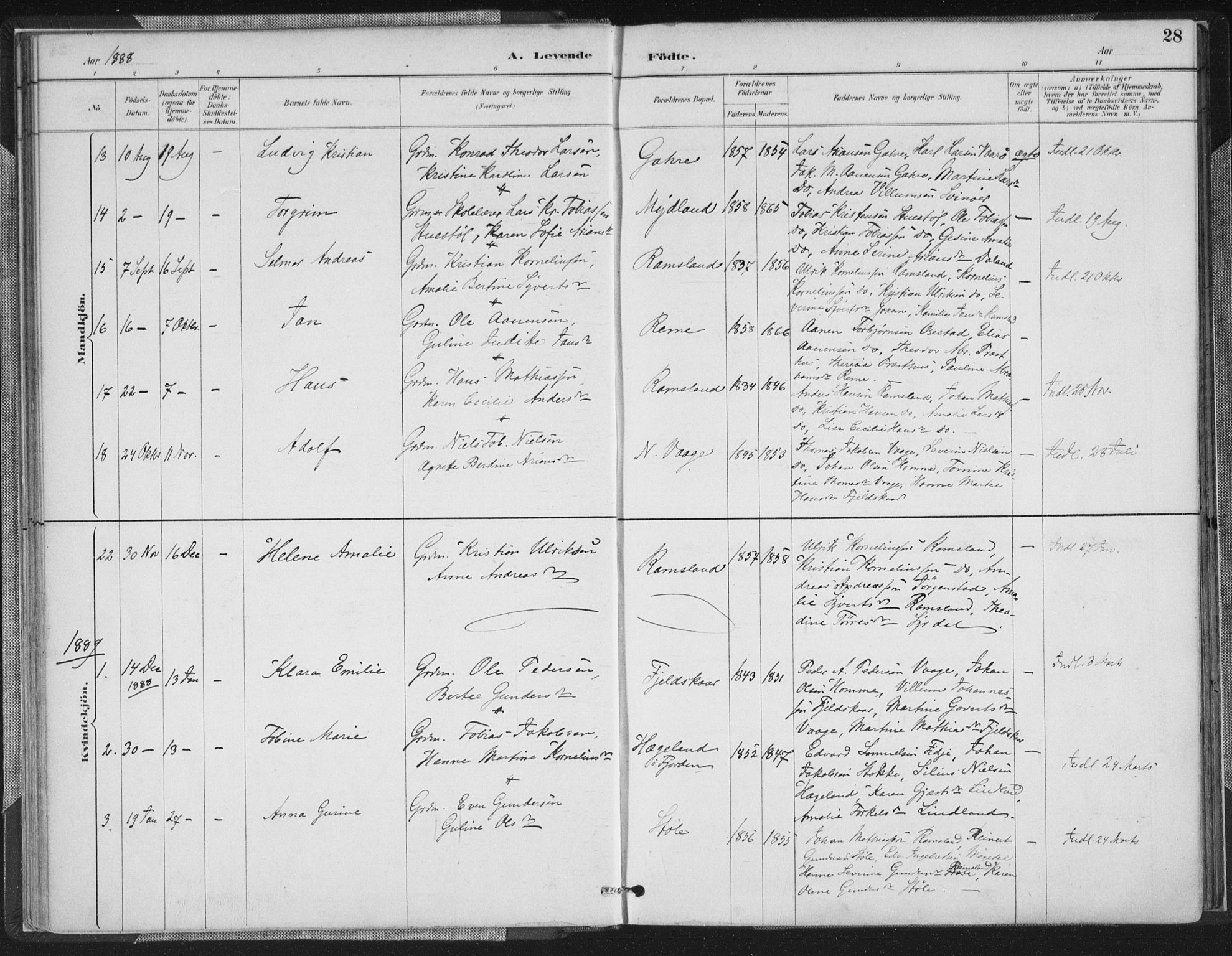 Sør-Audnedal sokneprestkontor, SAK/1111-0039/F/Fa/Faa/L0004: Parish register (official) no. A 4, 1884-1909, p. 28