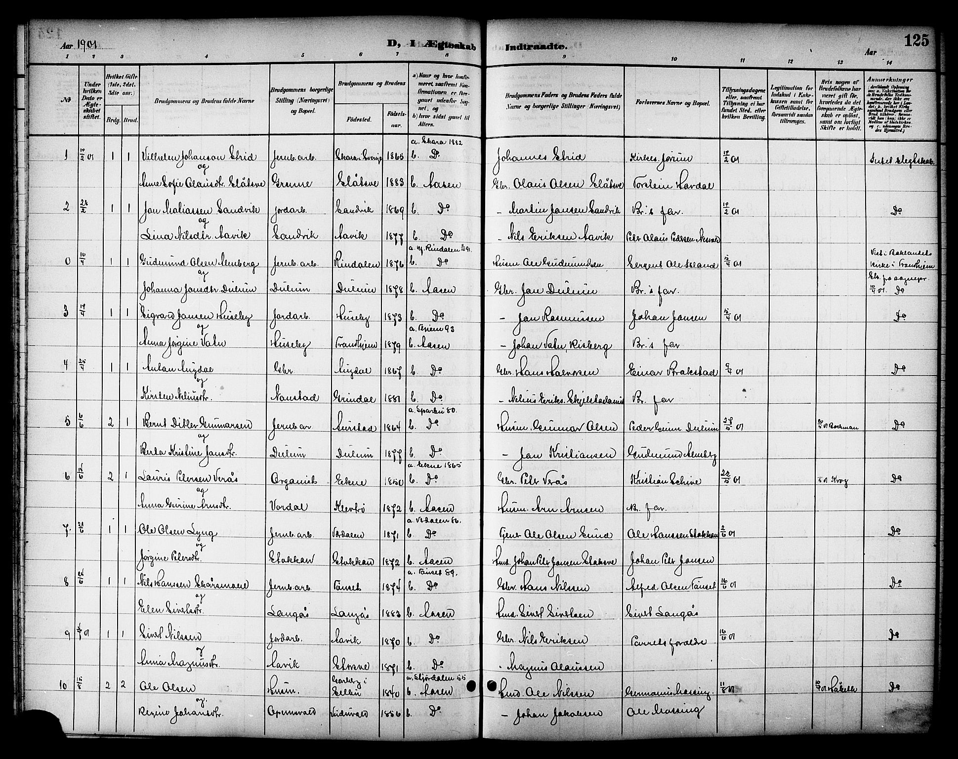Ministerialprotokoller, klokkerbøker og fødselsregistre - Nord-Trøndelag, SAT/A-1458/714/L0135: Parish register (copy) no. 714C04, 1899-1918, p. 125