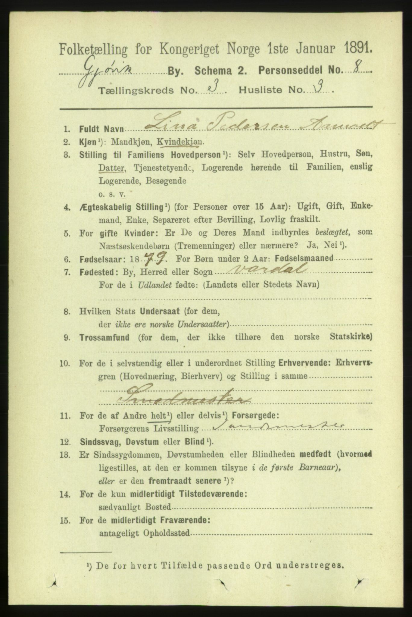 RA, 1891 census for 0502 Gjøvik, 1891, p. 1019