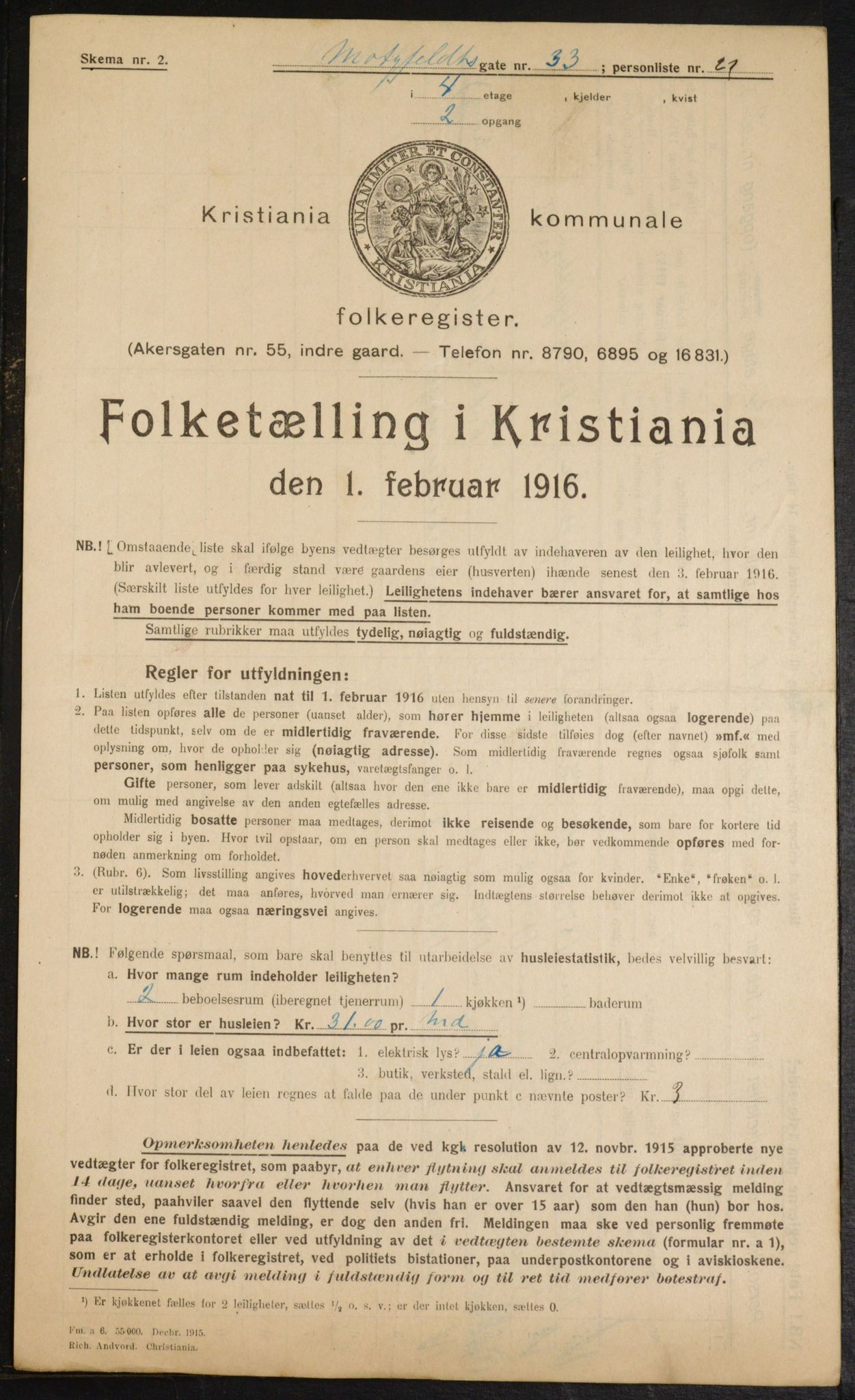 OBA, Municipal Census 1916 for Kristiania, 1916, p. 68296