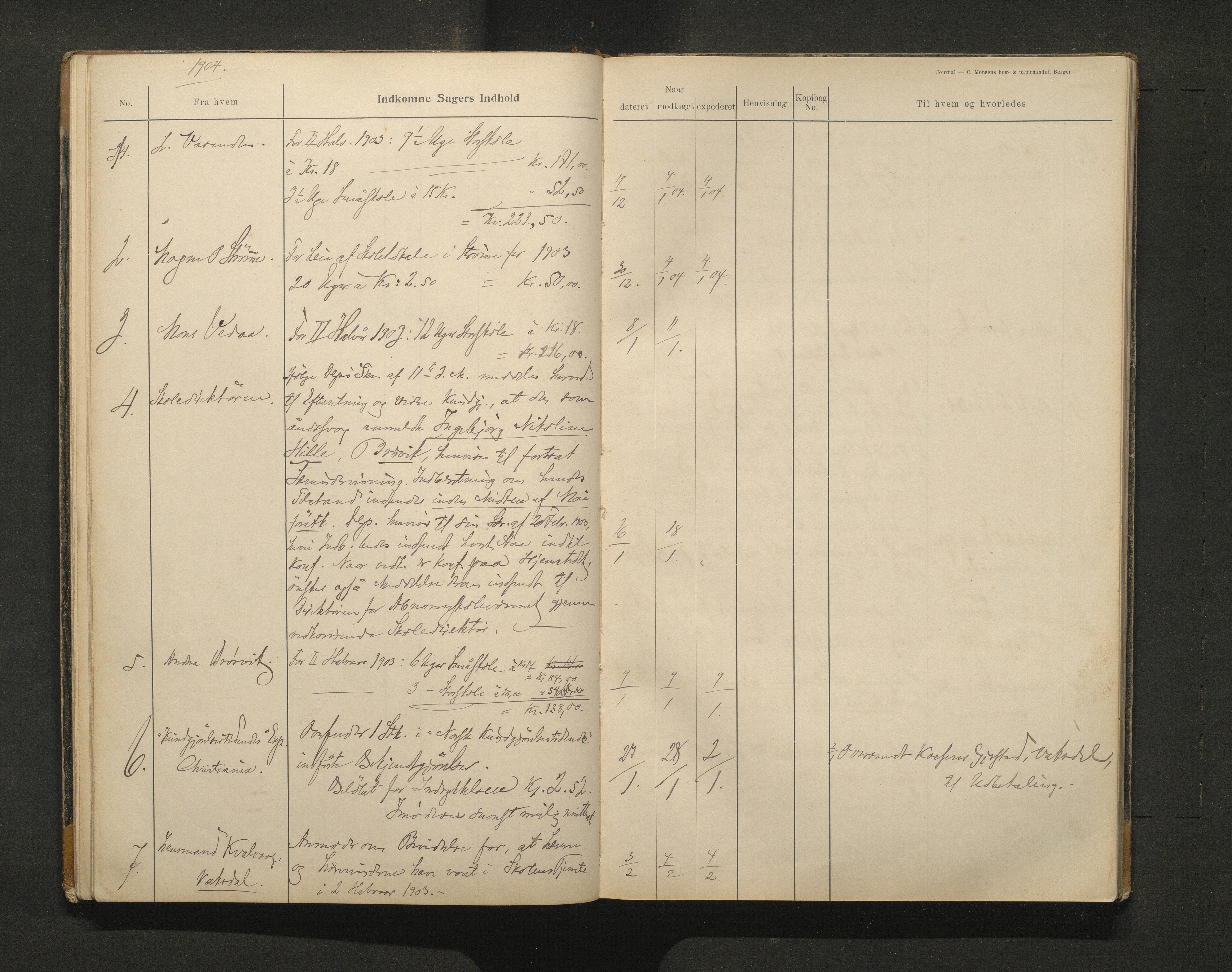 Bruvik kommune. Skulestyre, IKAH/1251a-211/C/Ca/L0002: Postjournal for Bruvik skulestyre, 1901-1912
