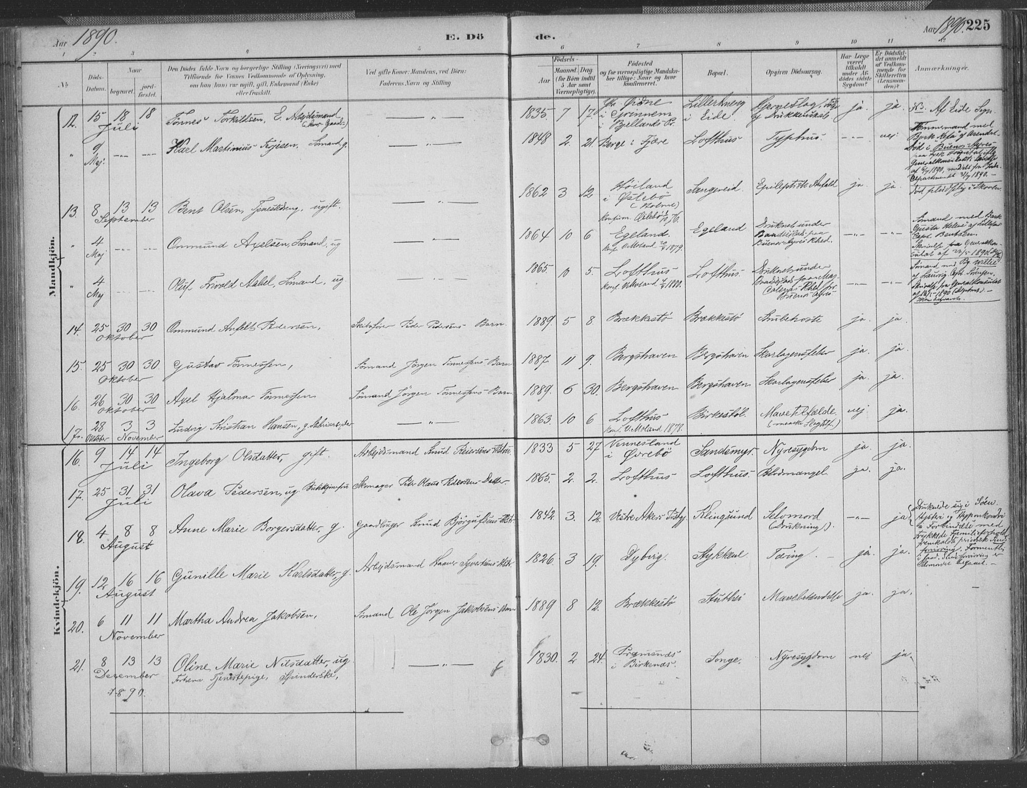 Vestre Moland sokneprestkontor, AV/SAK-1111-0046/F/Fa/Fab/L0009: Parish register (official) no. A 9, 1884-1899, p. 225