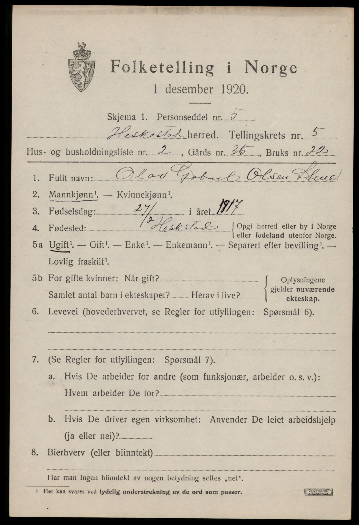 SAST, 1920 census for Heskestad, 1920, p. 1847