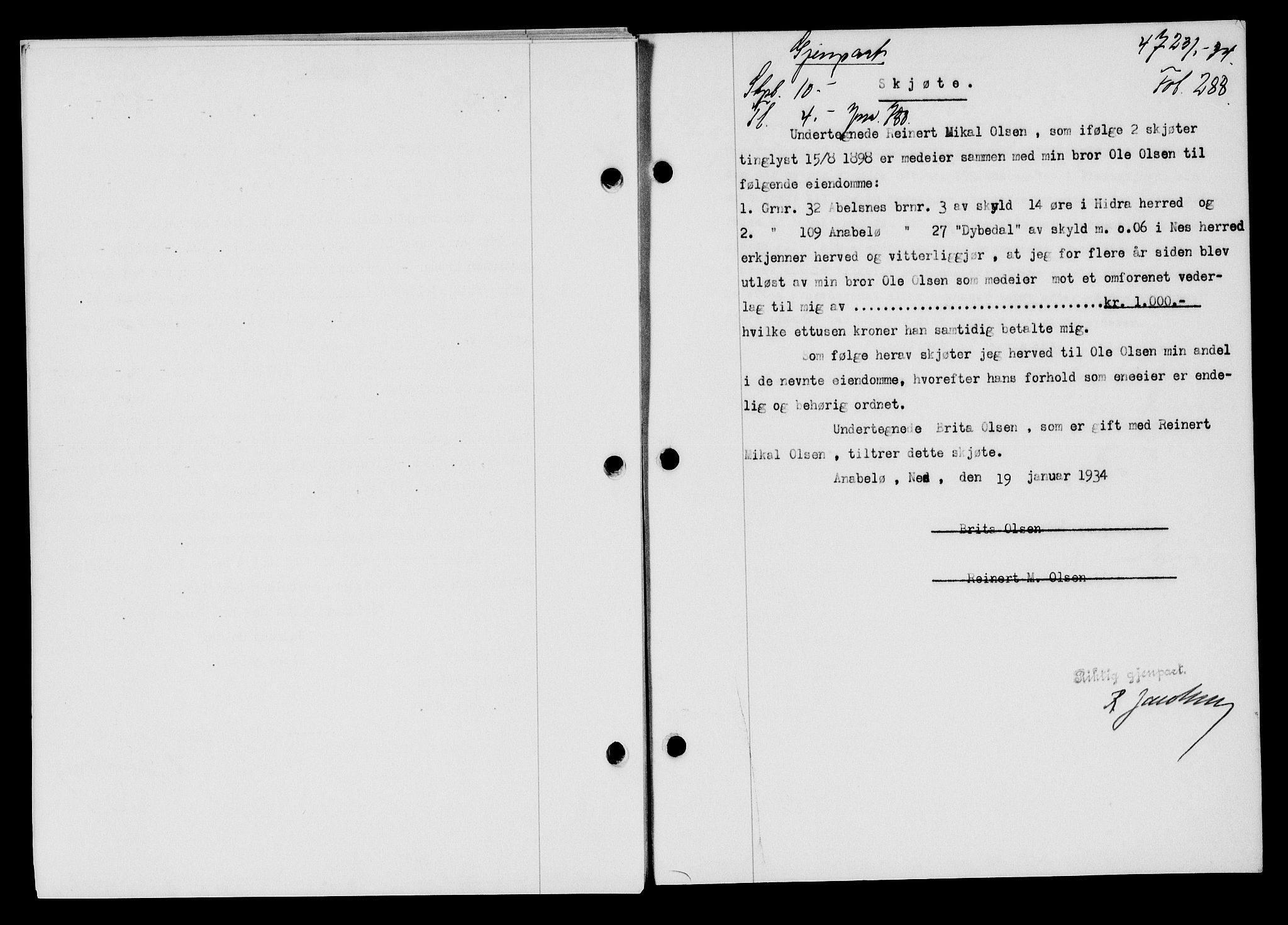 Flekkefjord sorenskriveri, SAK/1221-0001/G/Gb/Gba/L0049: Mortgage book no. 46, 1933-1934, Deed date: 23.01.1934