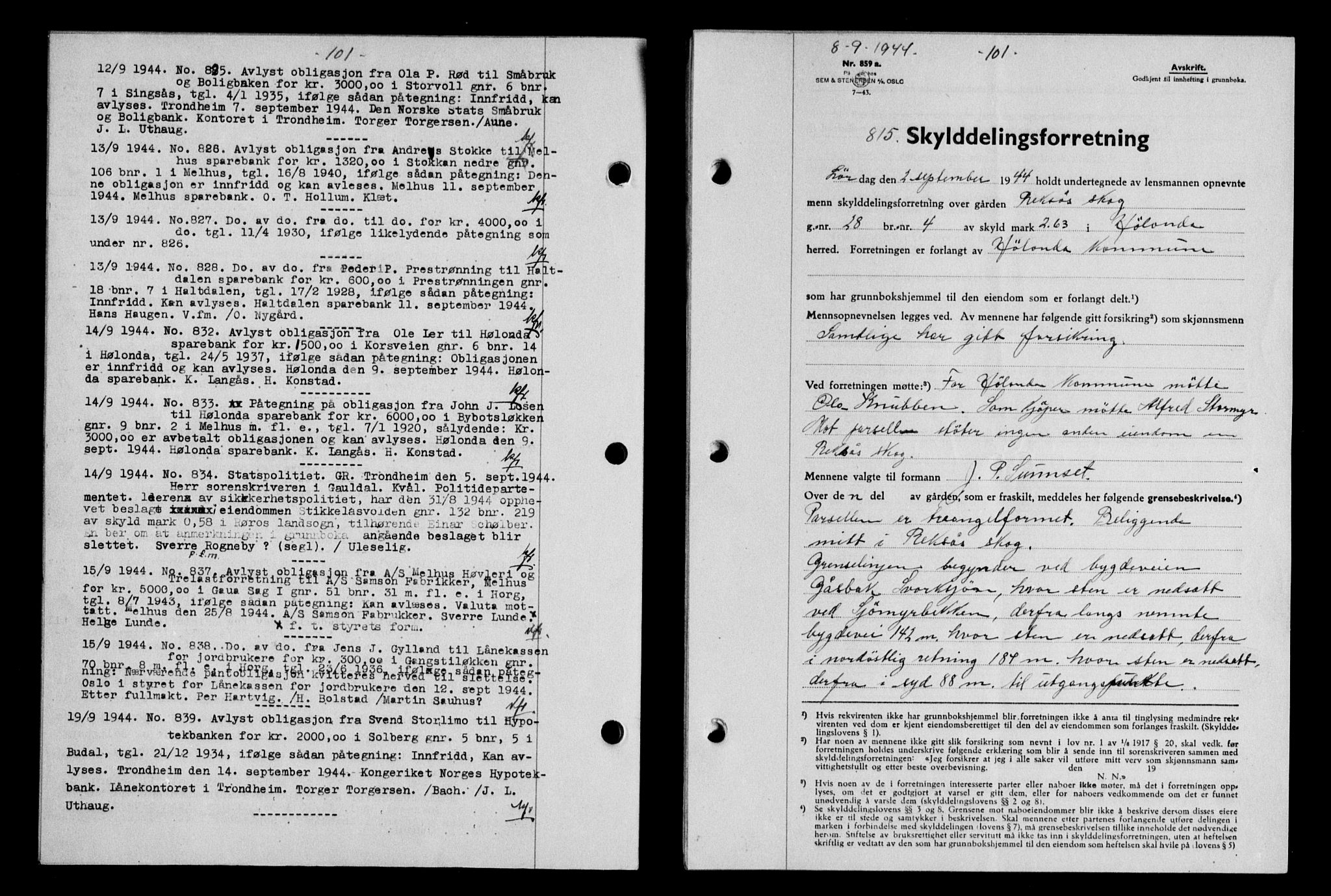 Gauldal sorenskriveri, SAT/A-0014/1/2/2C/L0058: Mortgage book no. 63, 1944-1945, Diary no: : 815/1944