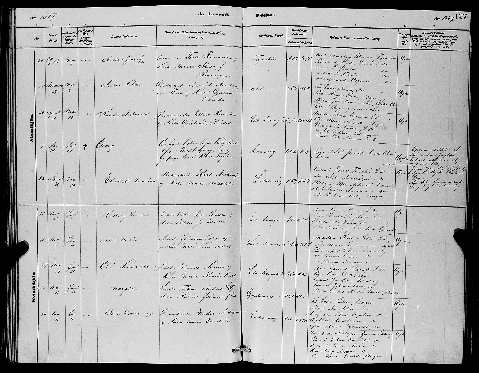 Laksevåg Sokneprestembete, AV/SAB-A-76501/H/Ha/Hab/Haba/L0002: Parish register (copy) no. A 2, 1877-1887, p. 127