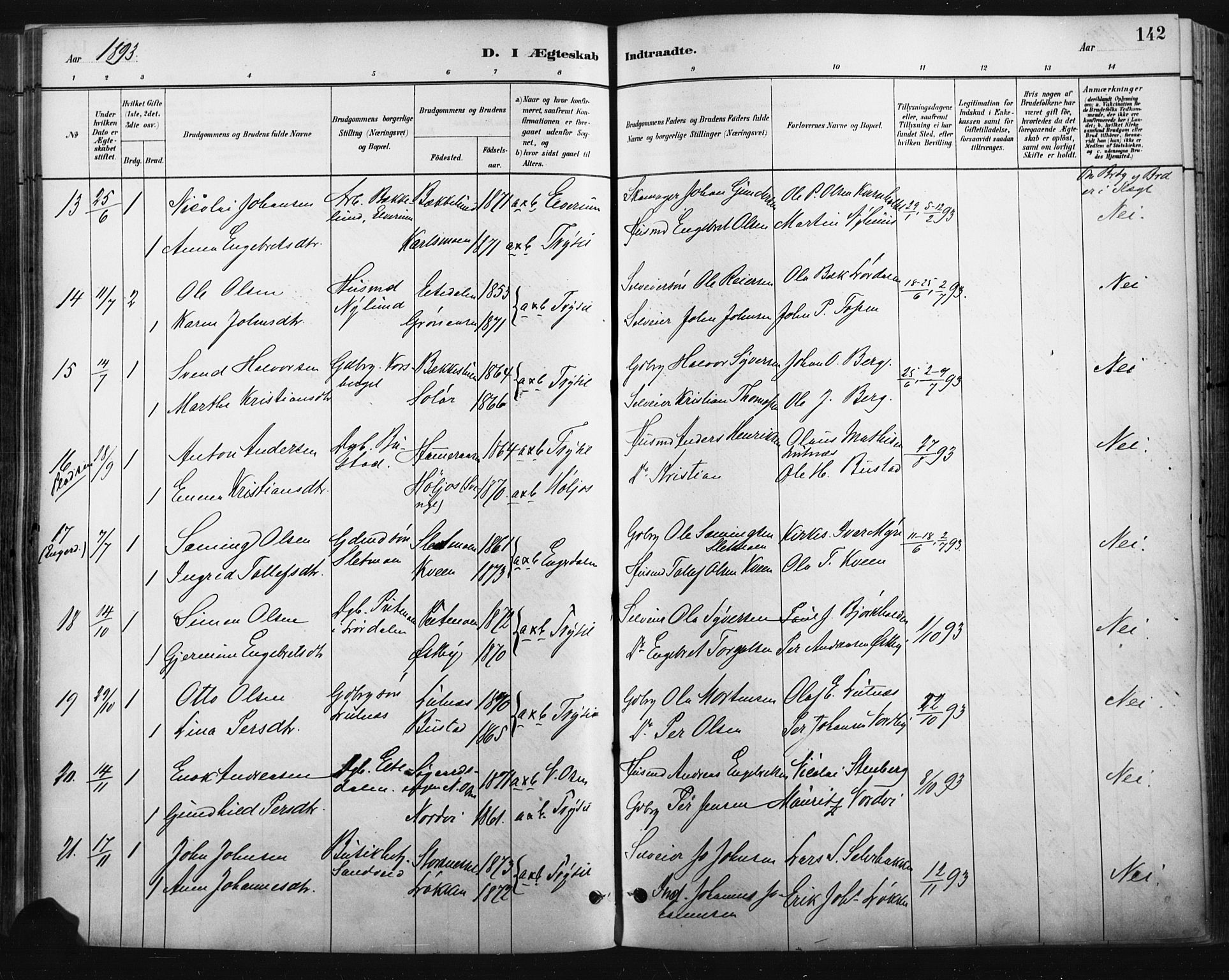 Trysil prestekontor, AV/SAH-PREST-046/H/Ha/Haa/L0009: Parish register (official) no. 9, 1881-1897, p. 142