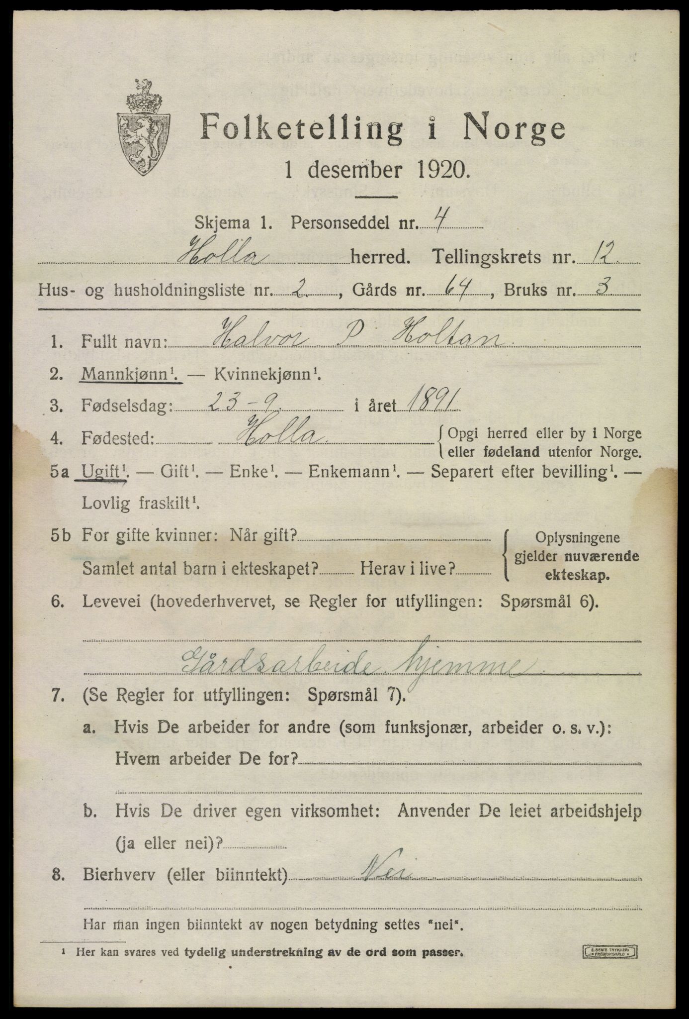 SAKO, 1920 census for Holla, 1920, p. 7509