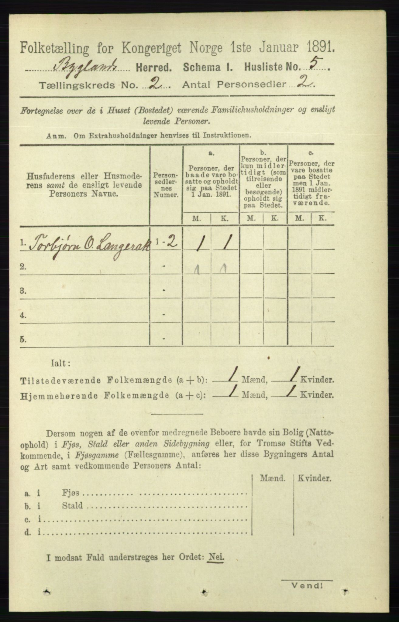 RA, 1891 census for 0938 Bygland, 1891, p. 218