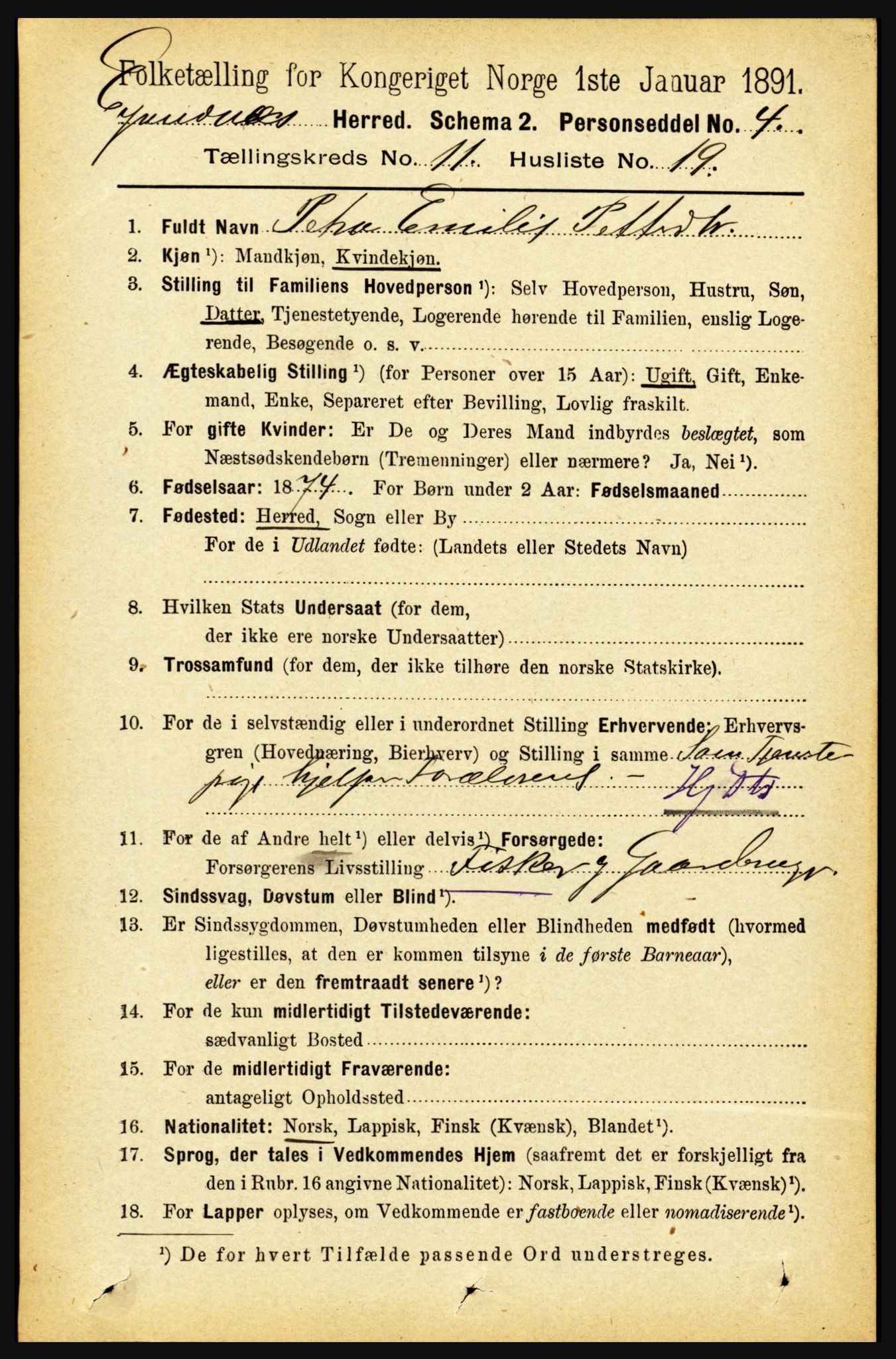 RA, 1891 census for 1853 Evenes, 1891, p. 3584