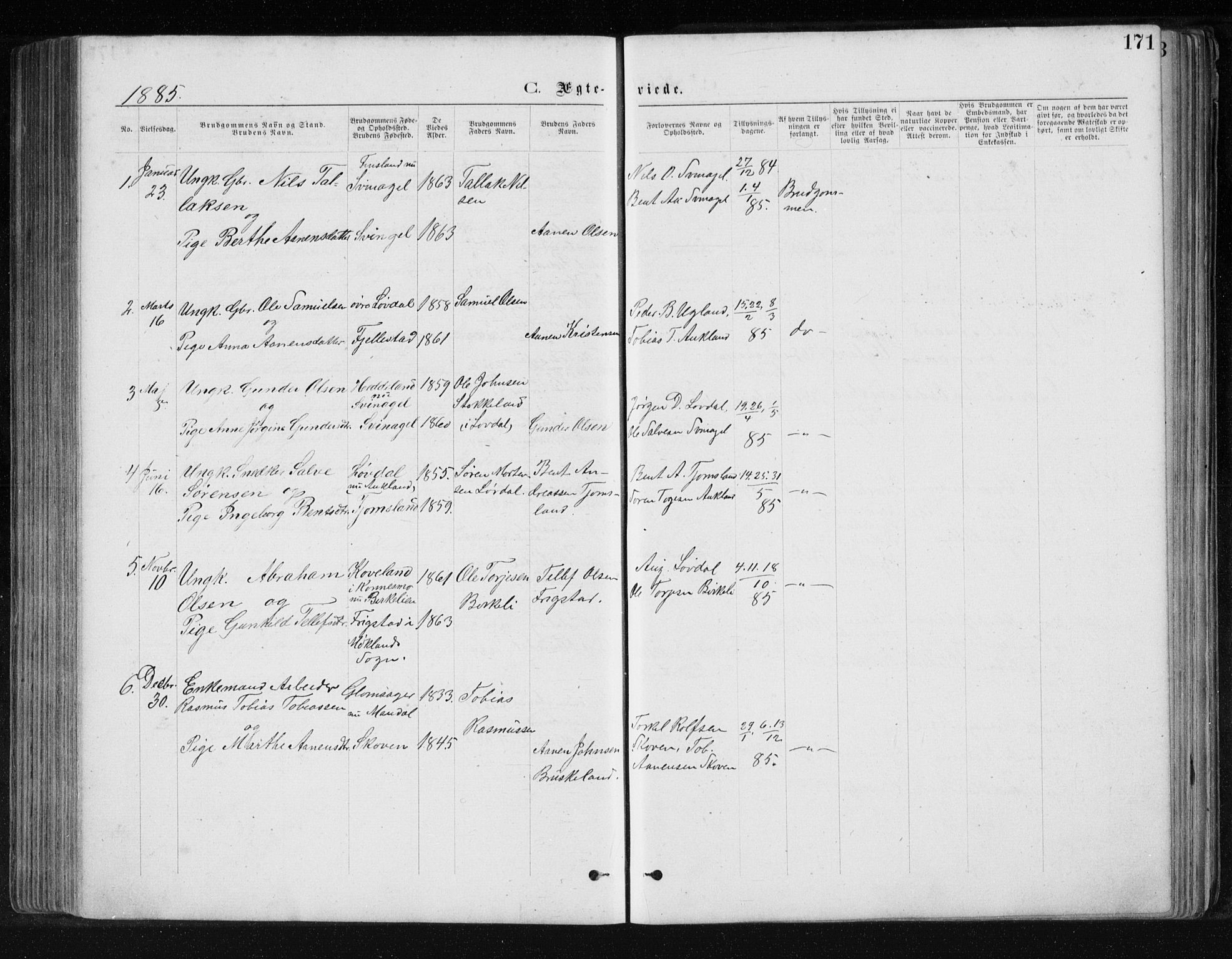 Holum sokneprestkontor, SAK/1111-0022/F/Fb/Fbb/L0003: Parish register (copy) no. B 3, 1875-1898, p. 171