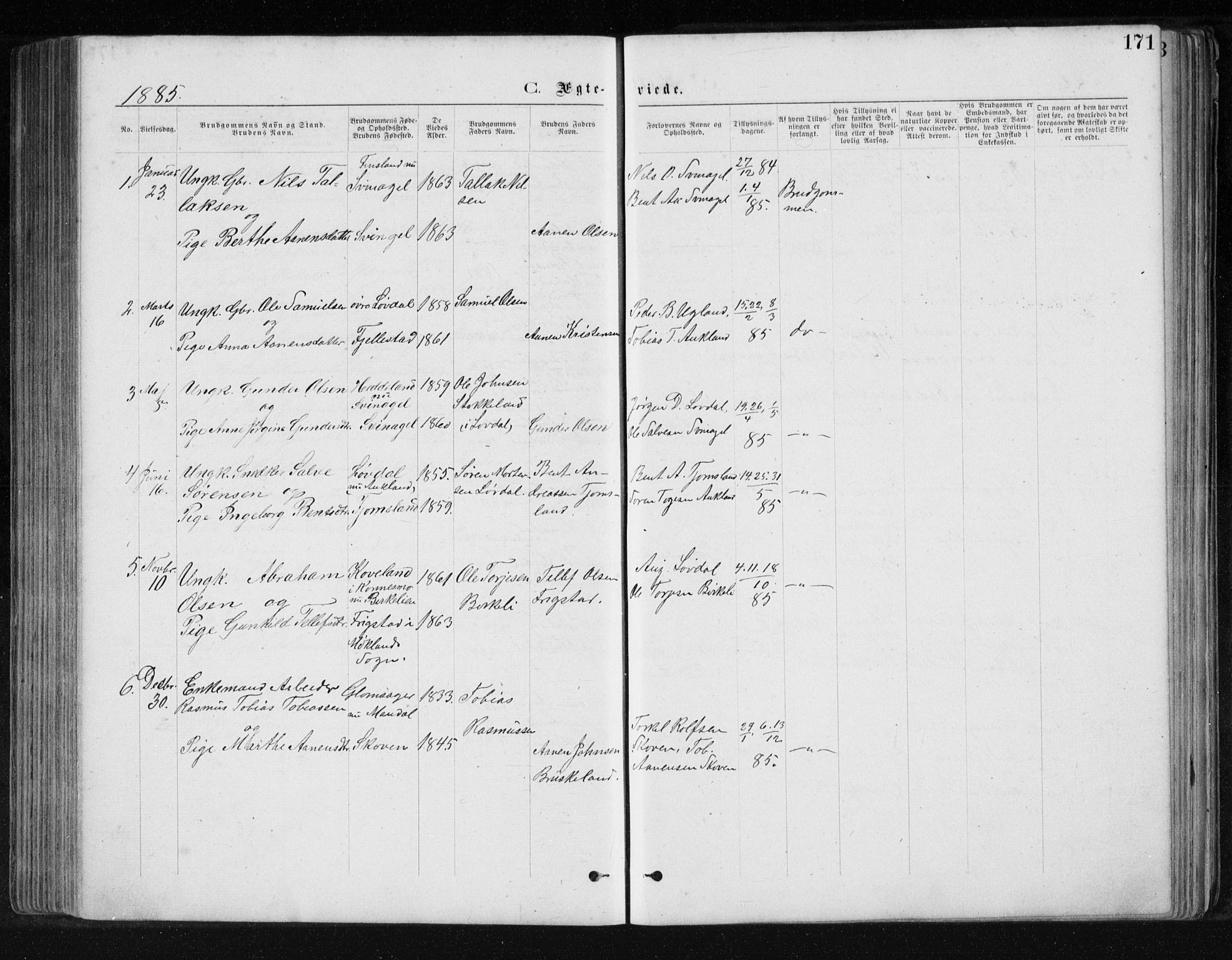 Holum sokneprestkontor, AV/SAK-1111-0022/F/Fb/Fbb/L0003: Parish register (copy) no. B 3, 1875-1898, p. 171