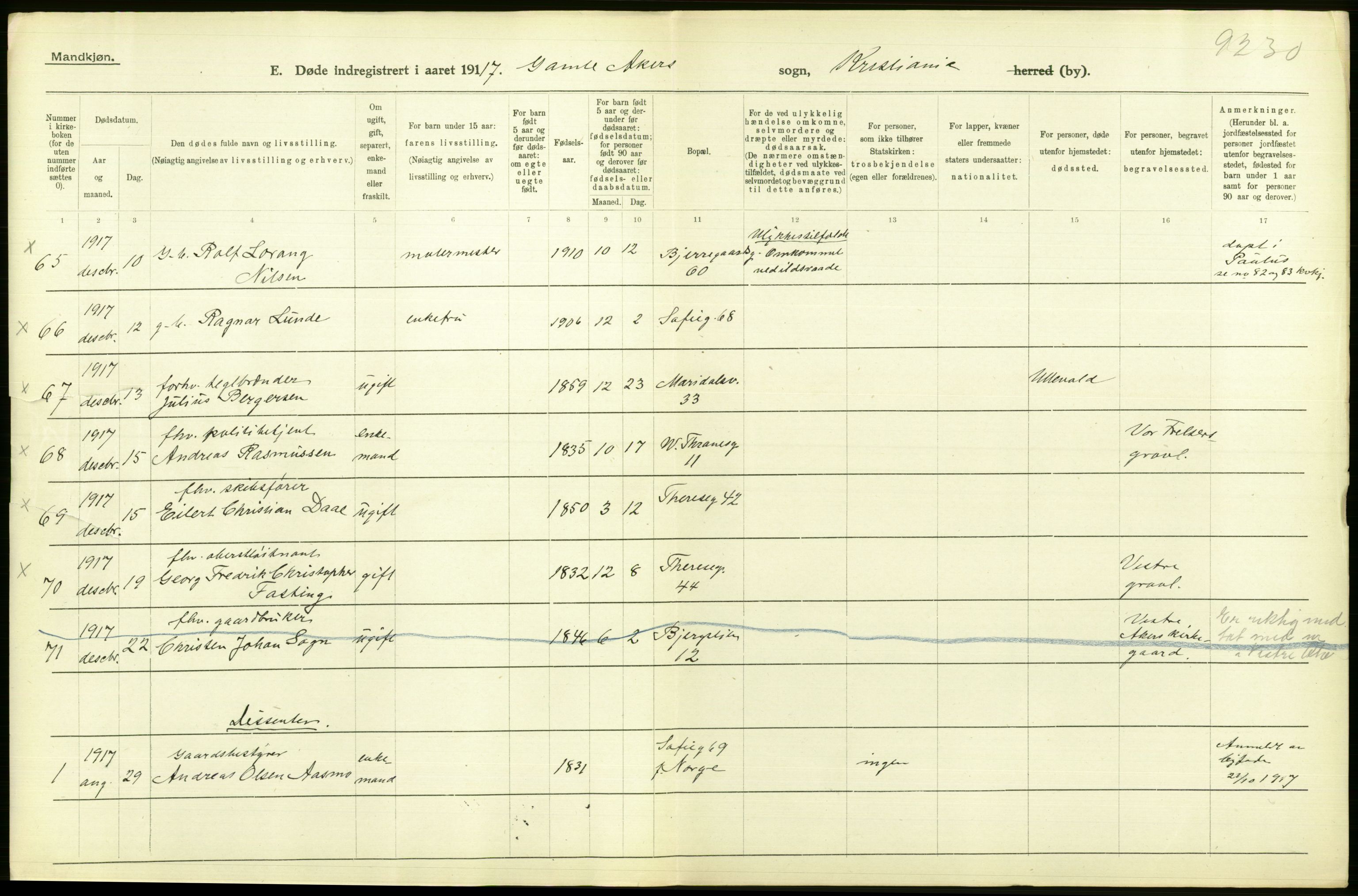 Statistisk sentralbyrå, Sosiodemografiske emner, Befolkning, AV/RA-S-2228/D/Df/Dfb/Dfbg/L0010: Kristiania: Døde, 1917, p. 566