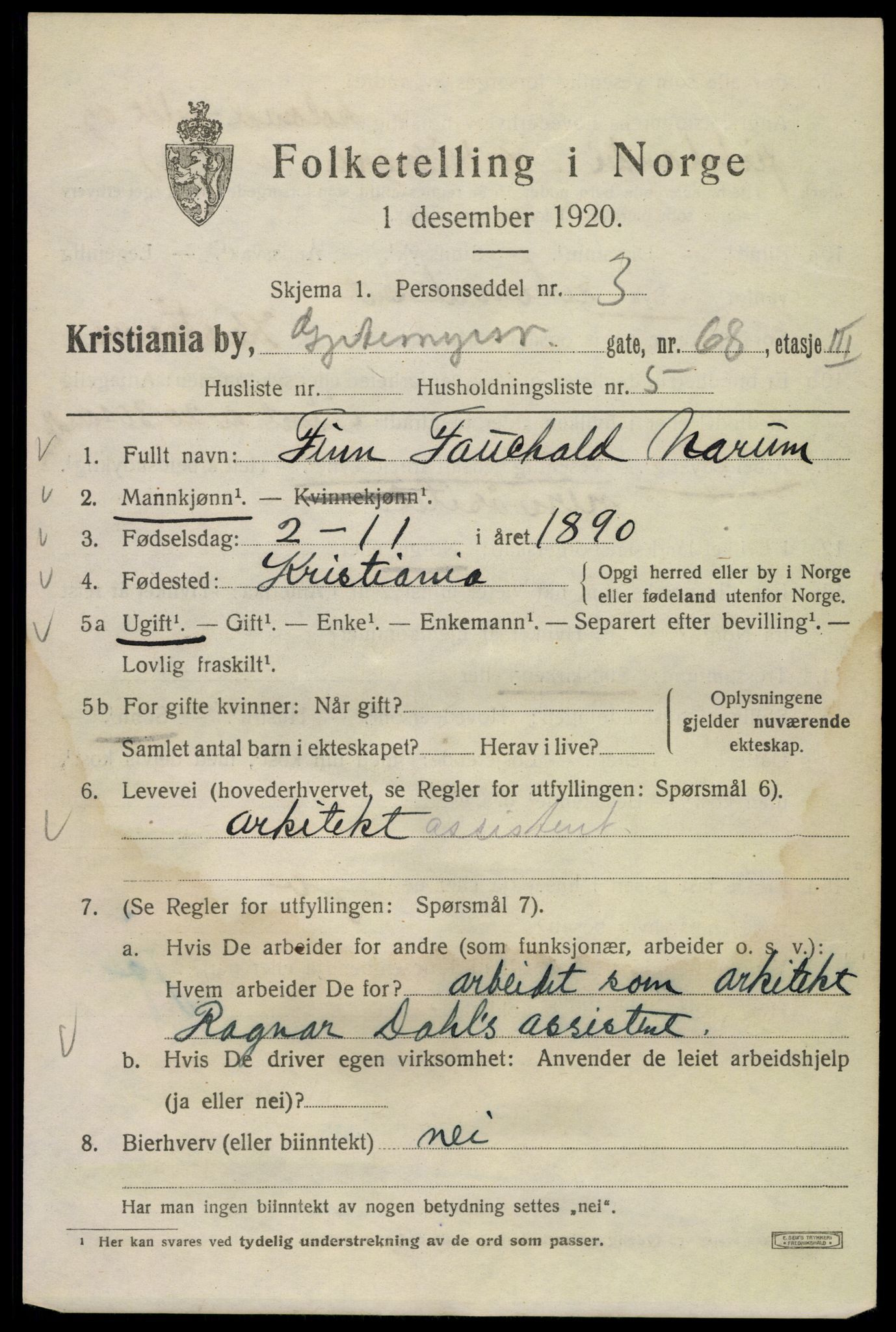 SAO, 1920 census for Kristiania, 1920, p. 250115