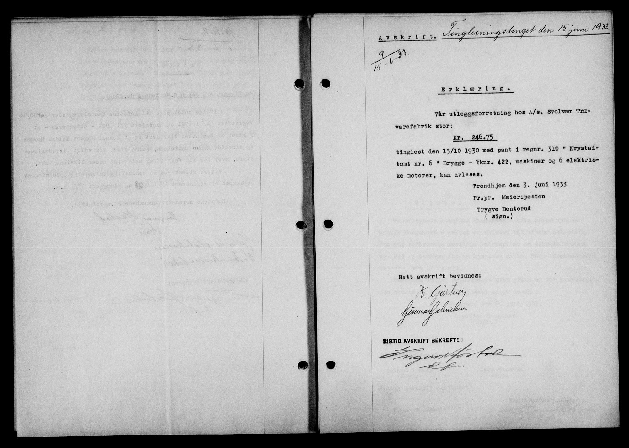 Lofoten sorenskriveri, SAT/A-0017/1/2/2C/L0027b: Mortgage book no. 27b, 1933-1933, Deed date: 15.06.1933