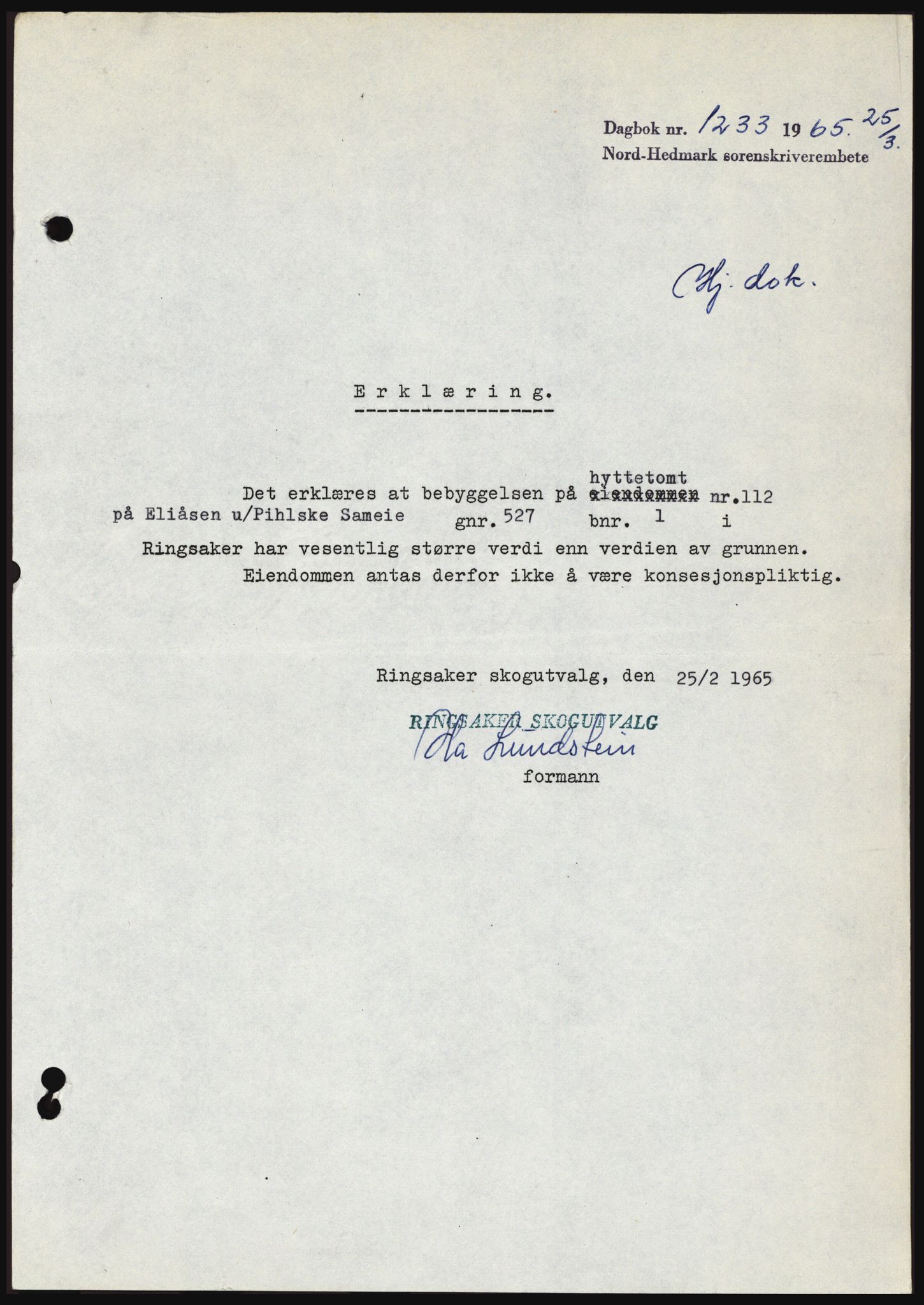 Nord-Hedmark sorenskriveri, SAH/TING-012/H/Hc/L0021: Mortgage book no. 21, 1964-1965, Diary no: : 1233/1965