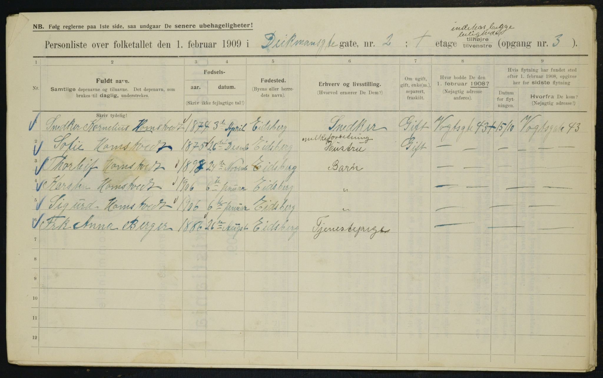 OBA, Municipal Census 1909 for Kristiania, 1909, p. 14076