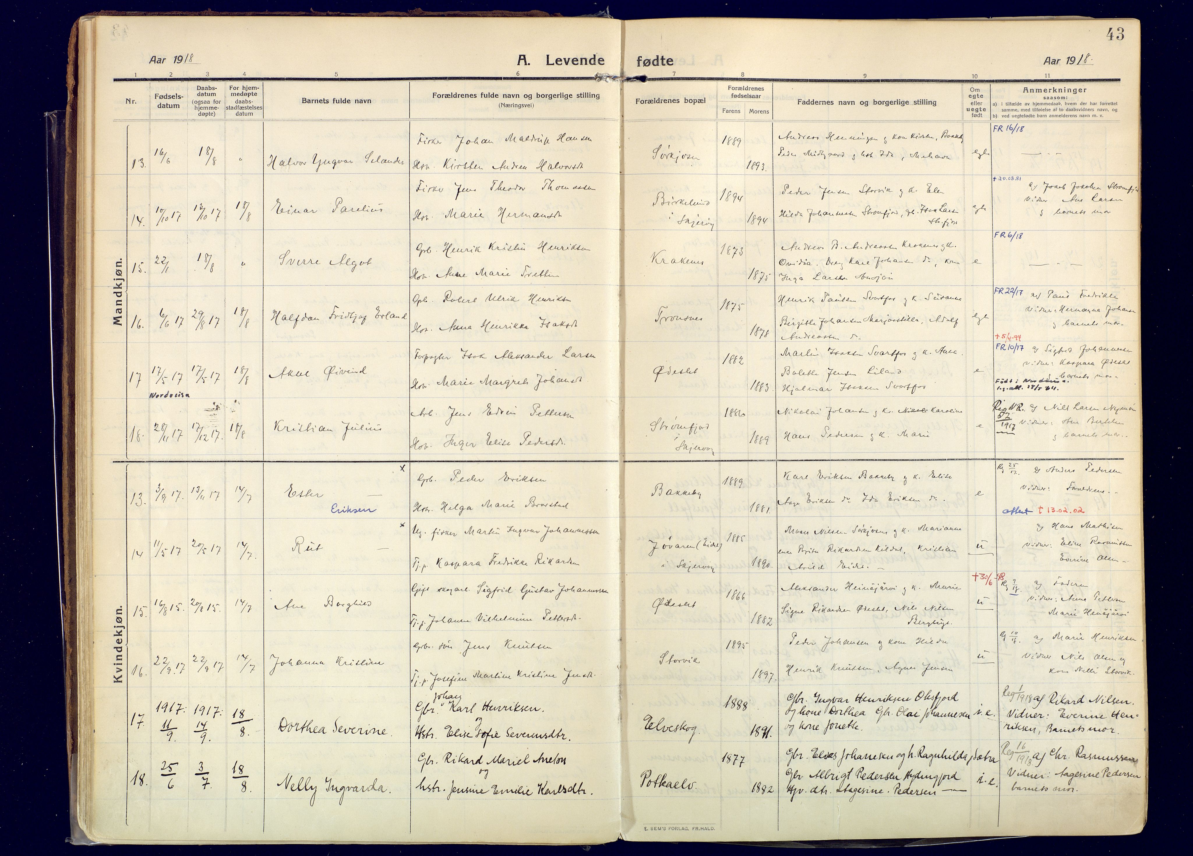 Skjervøy sokneprestkontor, AV/SATØ-S-1300/H/Ha/Haa: Parish register (official) no. 20, 1911-1931, p. 43