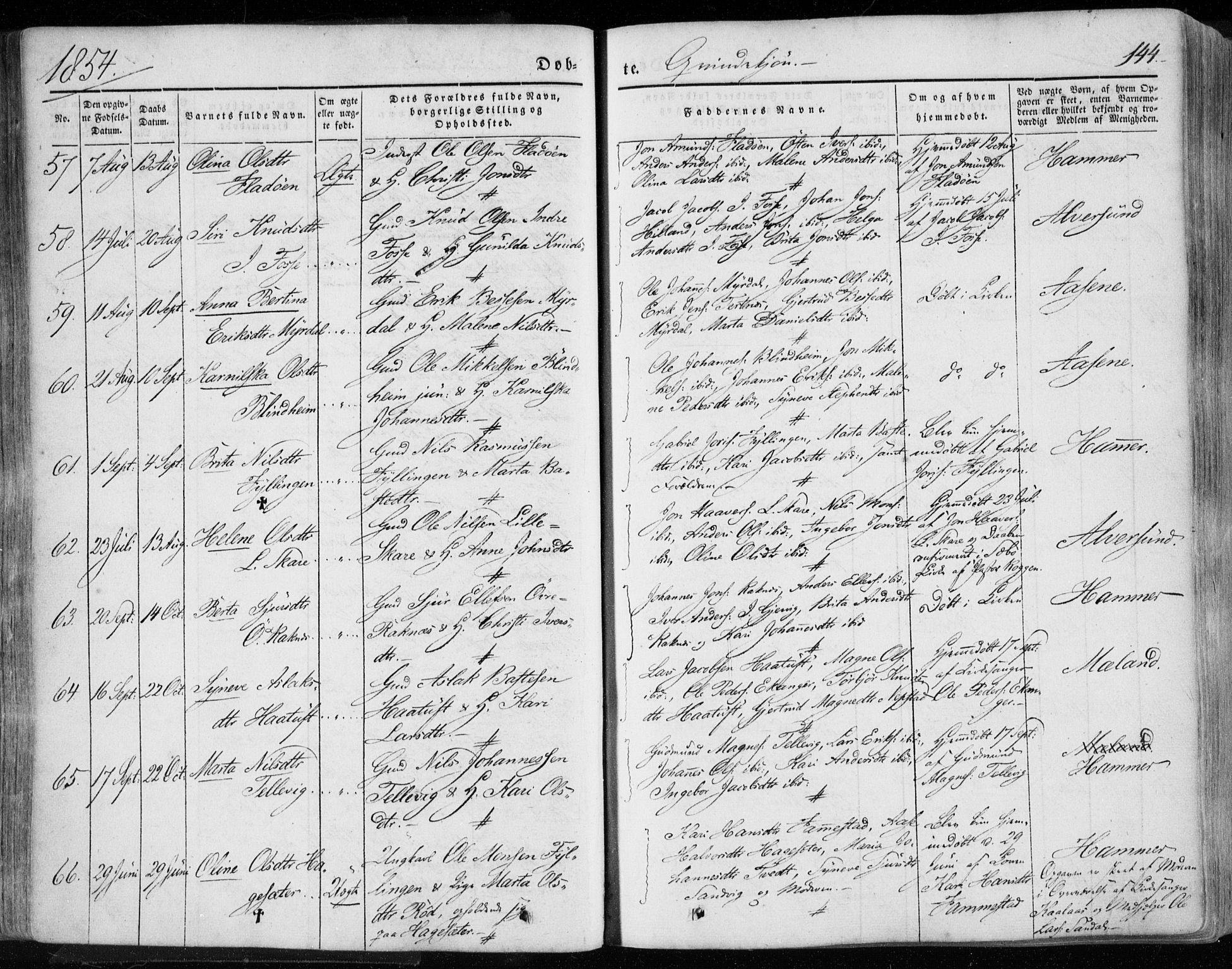 Hamre sokneprestembete, AV/SAB-A-75501/H/Ha/Haa/Haaa/L0013: Parish register (official) no. A 13, 1846-1857, p. 144