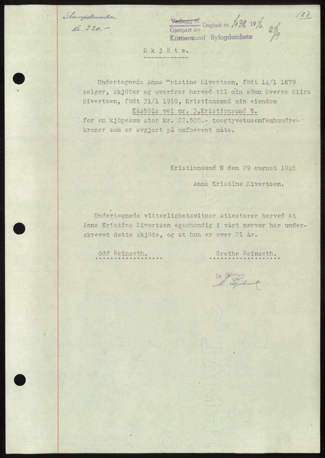 Kristiansund byfogd, AV/SAT-A-4587/A/27: Mortgage book no. 39b, 1946-1947, Diary no: : 1032/1946