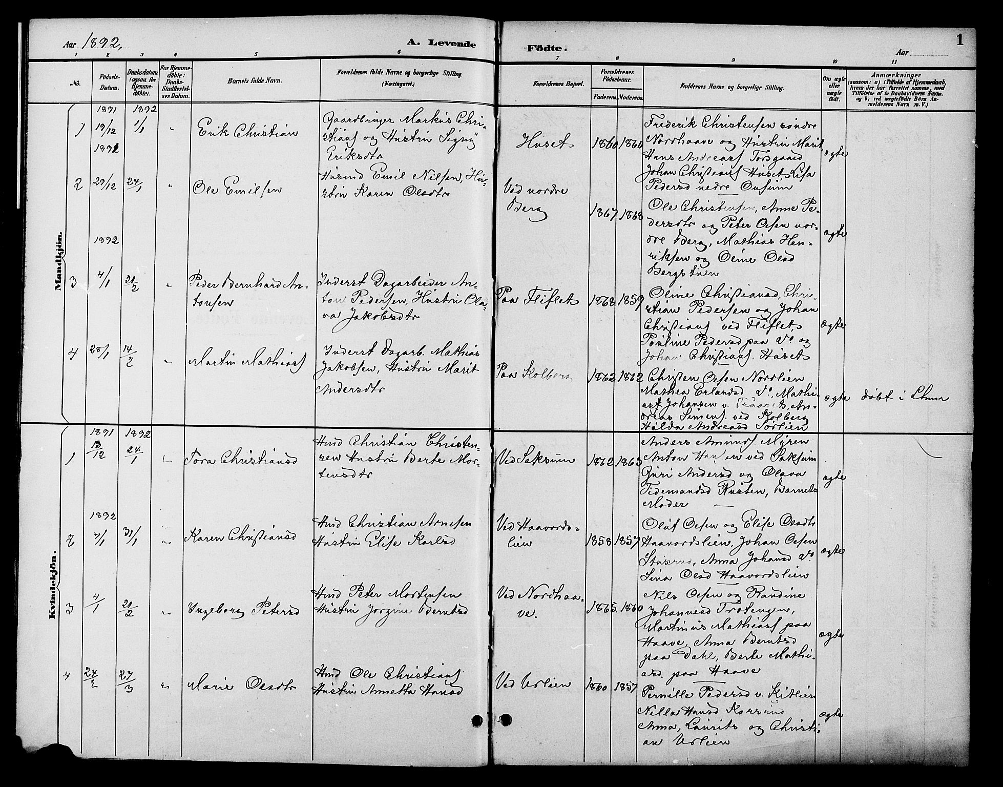 Fåberg prestekontor, AV/SAH-PREST-086/H/Ha/Hab/L0010: Parish register (copy) no. 10, 1892-1900, p. 1