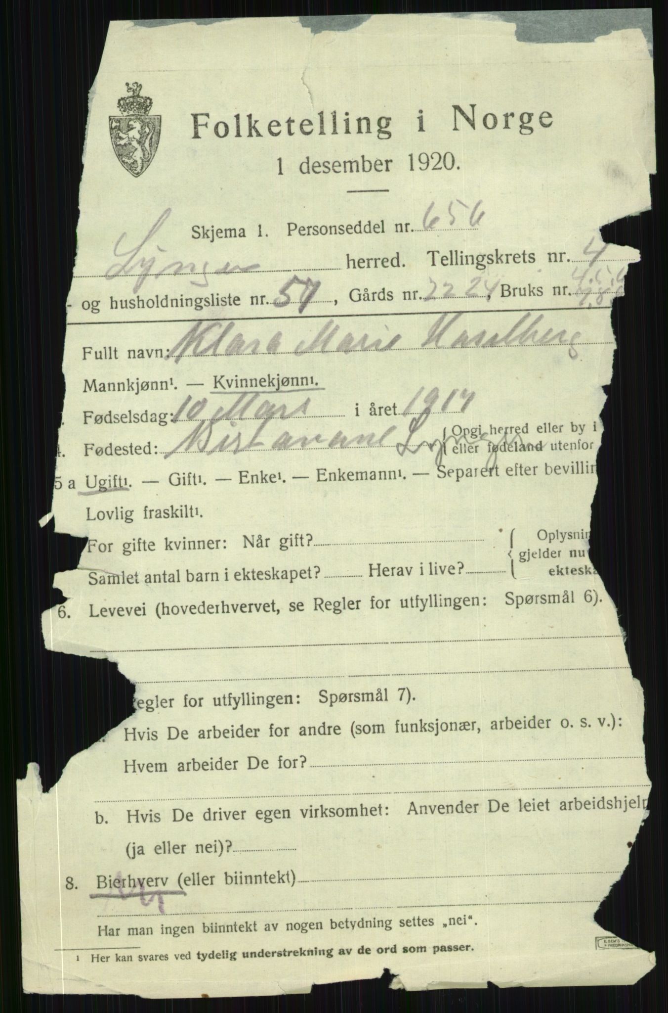 SATØ, 1920 census for Lyngen, 1920, p. 5331