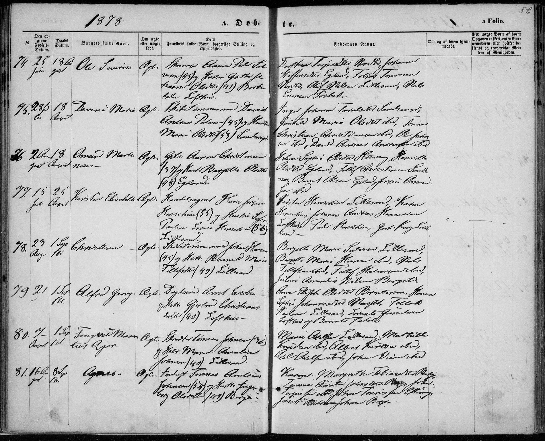 Vestre Moland sokneprestkontor, AV/SAK-1111-0046/F/Fa/Fab/L0008: Parish register (official) no. A 8, 1873-1883, p. 57