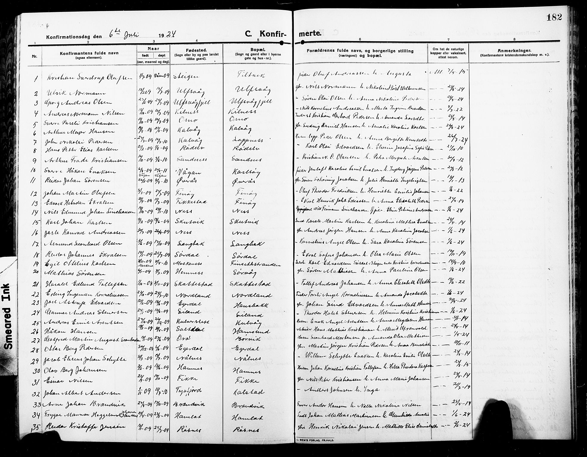 Ministerialprotokoller, klokkerbøker og fødselsregistre - Nordland, AV/SAT-A-1459/859/L0861: Parish register (copy) no. 859C07, 1910-1925, p. 182