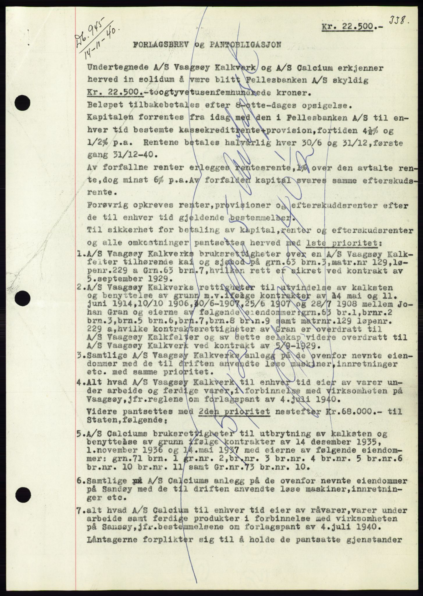 Søre Sunnmøre sorenskriveri, AV/SAT-A-4122/1/2/2C/L0070: Mortgage book no. 64, 1940-1941, Diary no: : 945/1940