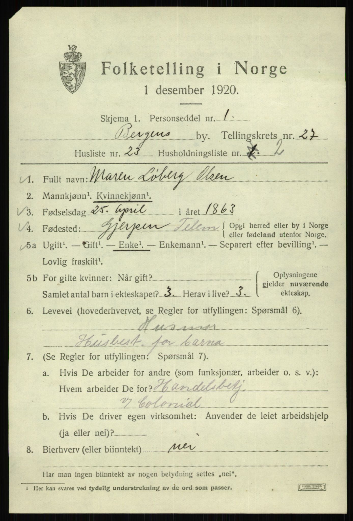 SAB, 1920 census for Bergen, 1920, p. 91771